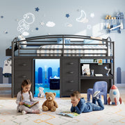 Twin Low Loft Bed with Storage Drawers, Desk & LED Lights