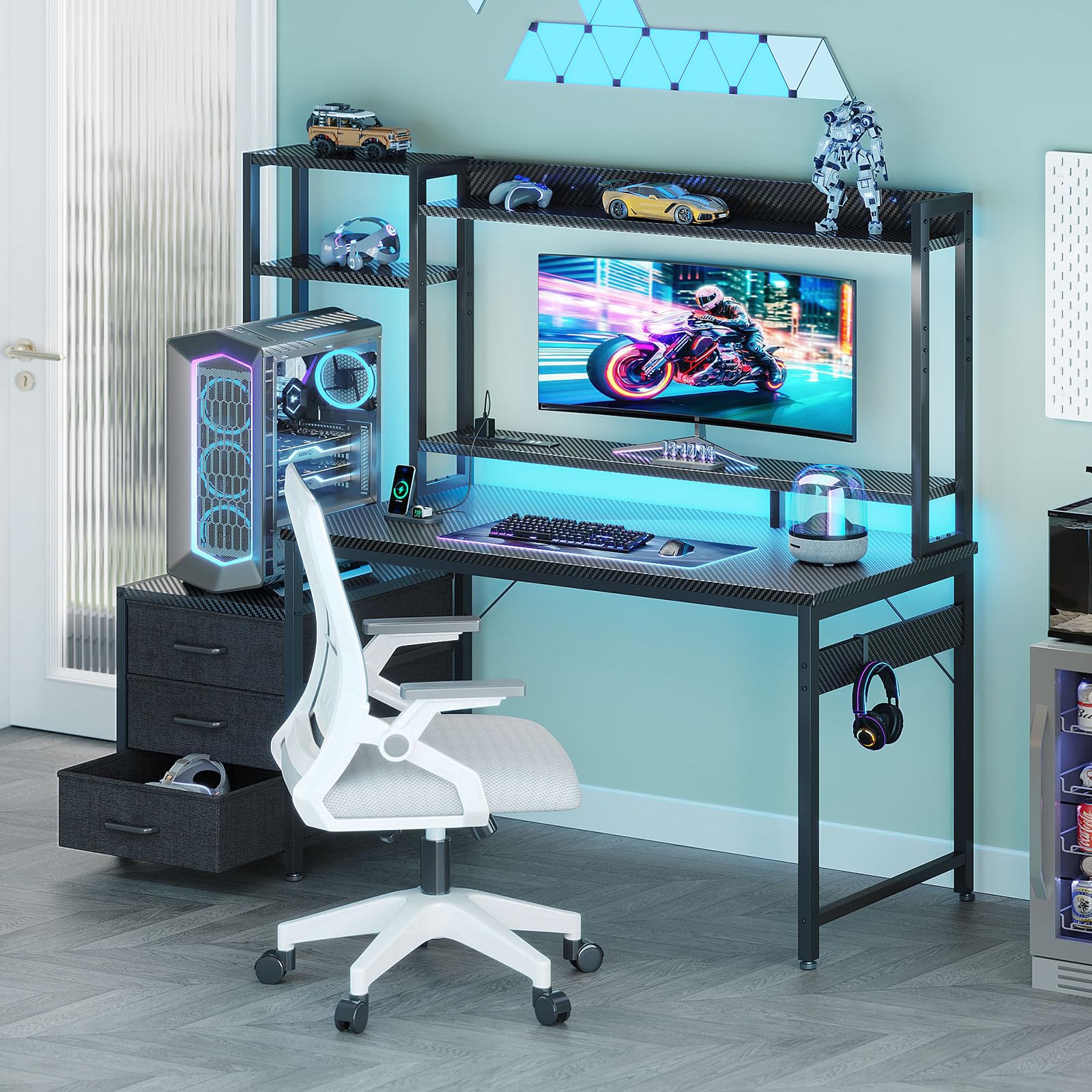 Casaottima 48 Inch Gaming Desk with Hutch & 3 Fabric Drawers, Computer Desk with USB Ports & LED Lights, Reversible Pc Gamer Table with Monitor Stand for Home Office, Carbon Fiber Black