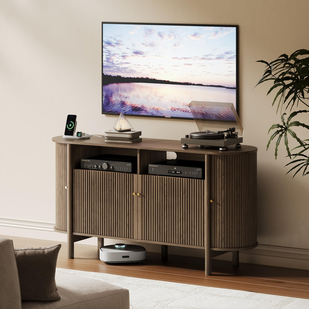 Fluted TV Stand with Power Outlets