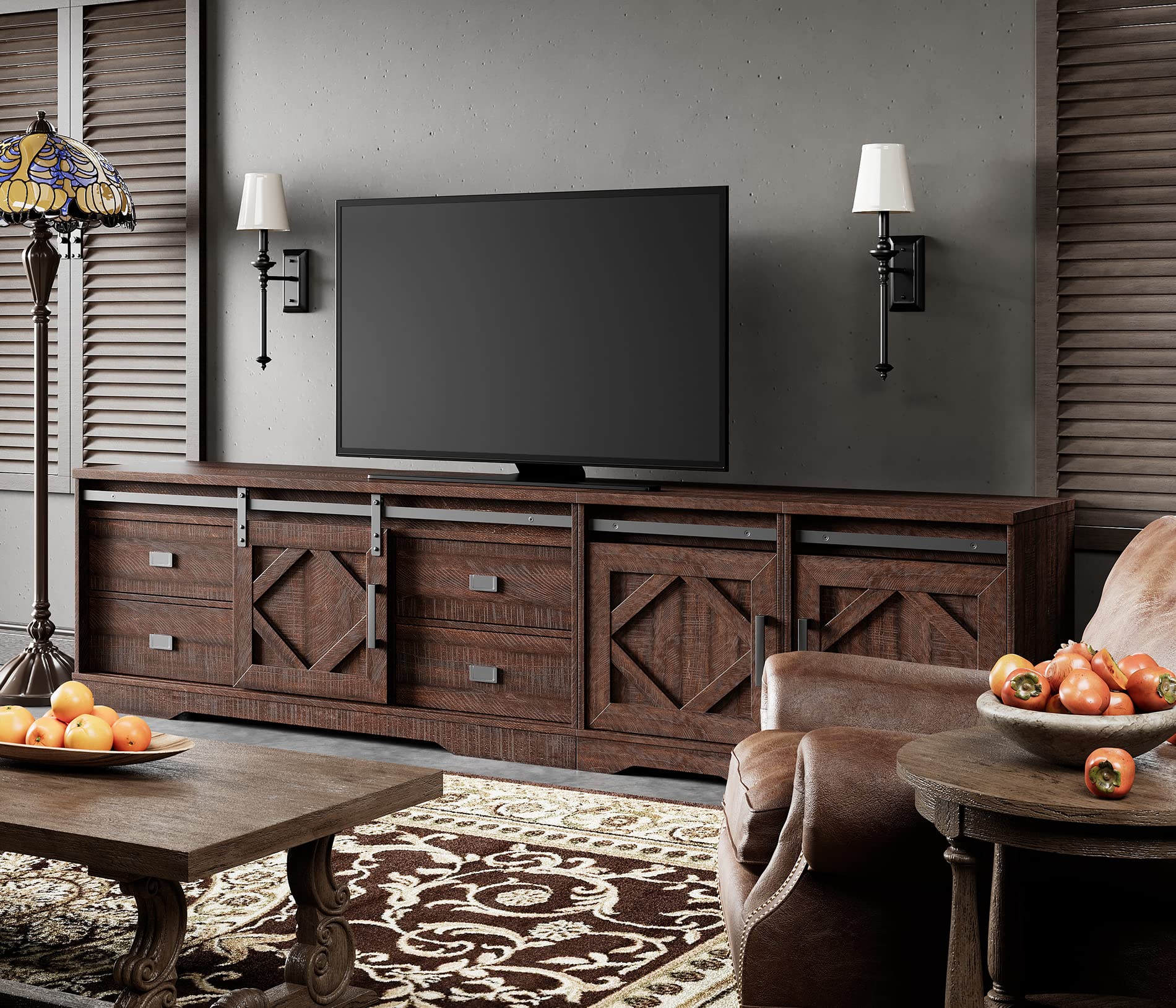 WAMPAT 98" Wide Farmhouse TV Stand for up to 110" TV, 3-in-1 Rustic Wood Entertainment Center with Drawers and Cube Cabinets for Living Room, Faux Bark Finish, Rustic Brown