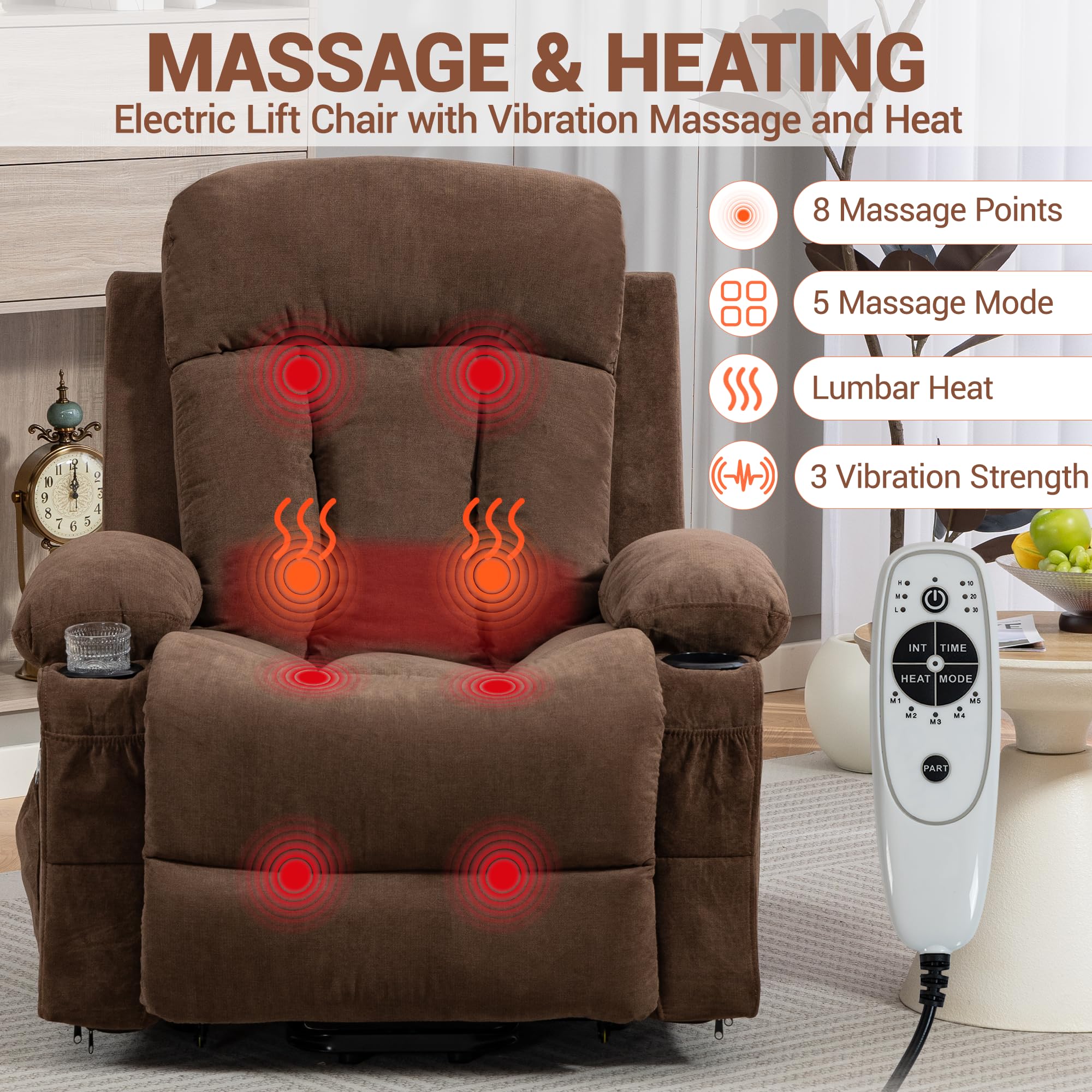 WENTUM Power Lift Recliner Chair for Elderly, Electric Lift Chair with 8 Vibration Massage and Heat, Soft Breathable Fabric, Cup Holders, Side Pockets, USB Charge Port for Living Room Bedroom, Brown
