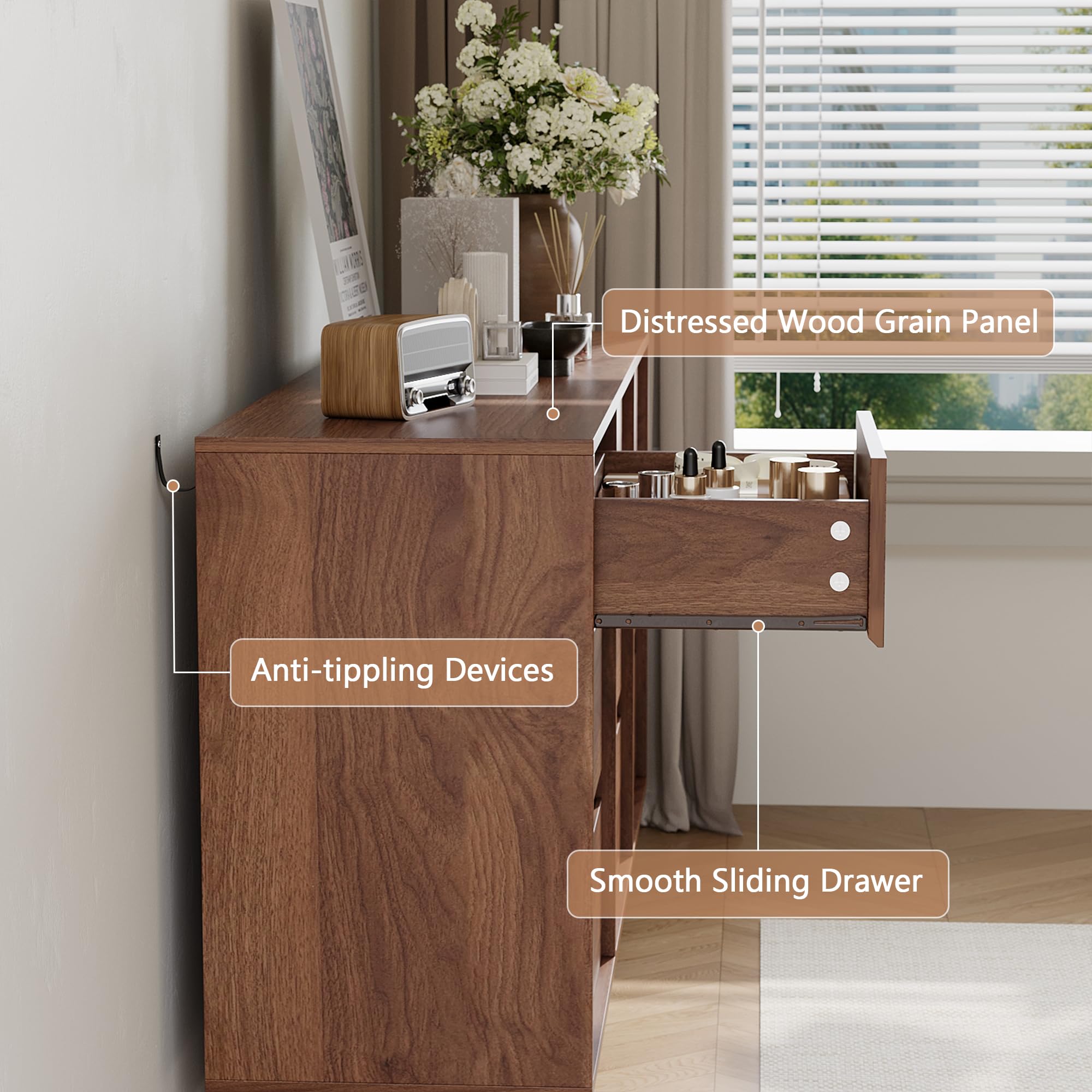 SINROM Walnut Dresser for Bedroom, 59" Wide 9 Drawer Dresser, Mid Century Modern Dressers Chest of Drawers, Wooden Large Dressers for Bedroom, Closet