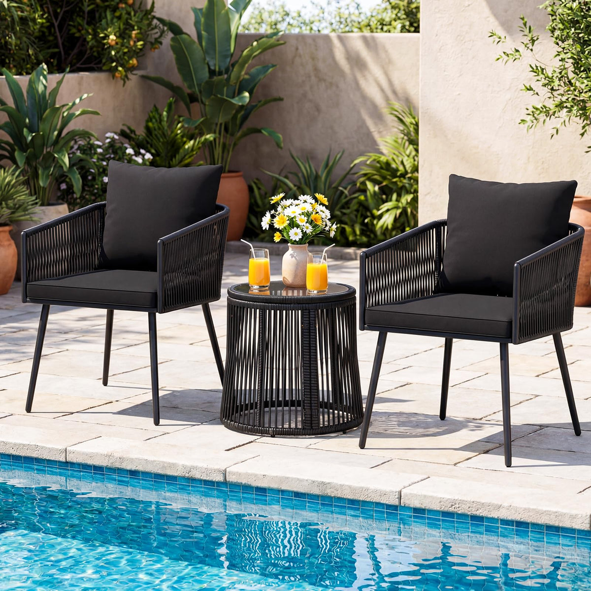 Tangkula 3 Pieces Patio Rattan Bistro Conversation Set, Outdoor All-Weather Wicker Furniture Chairs & Round Side Table Set with Tempered Glass Tabletop, Ideal for Porch, Balcony & Backyard (Black)