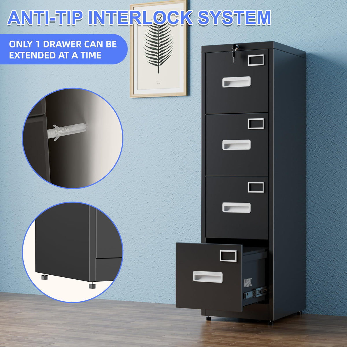 Aobabo 4-Drawer Metal File Cabinet, Anti-Tip Interlock, Letter/Legal