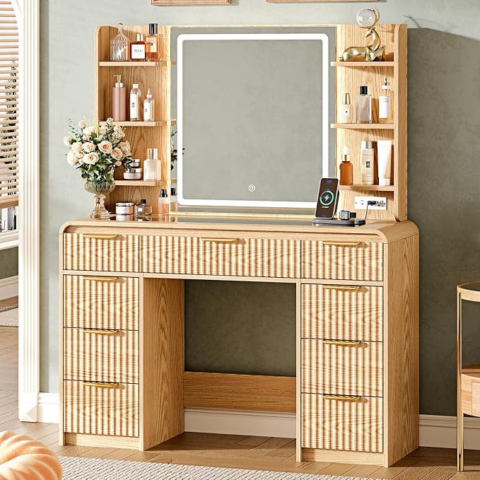 Black Fluted Makeup Vanity with LED Mirror