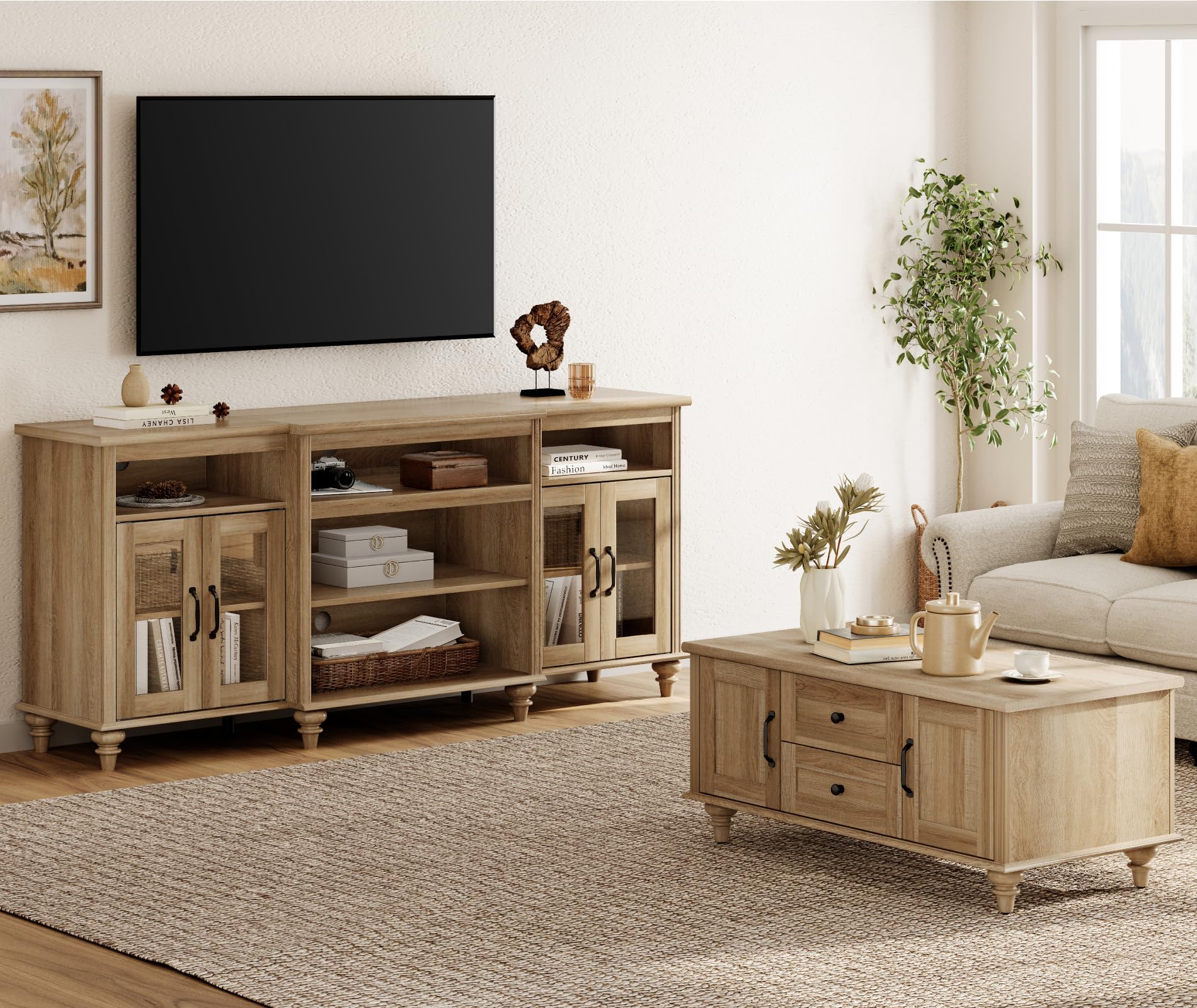 WAMPAT Farmhouse TV Stand and Coffee Table Set of 2, Wooden Television Stand for 75 Inch TV, Rectangle Center Tables with Storage Cabinet, 2 Piece Living Room Table Set, Oak