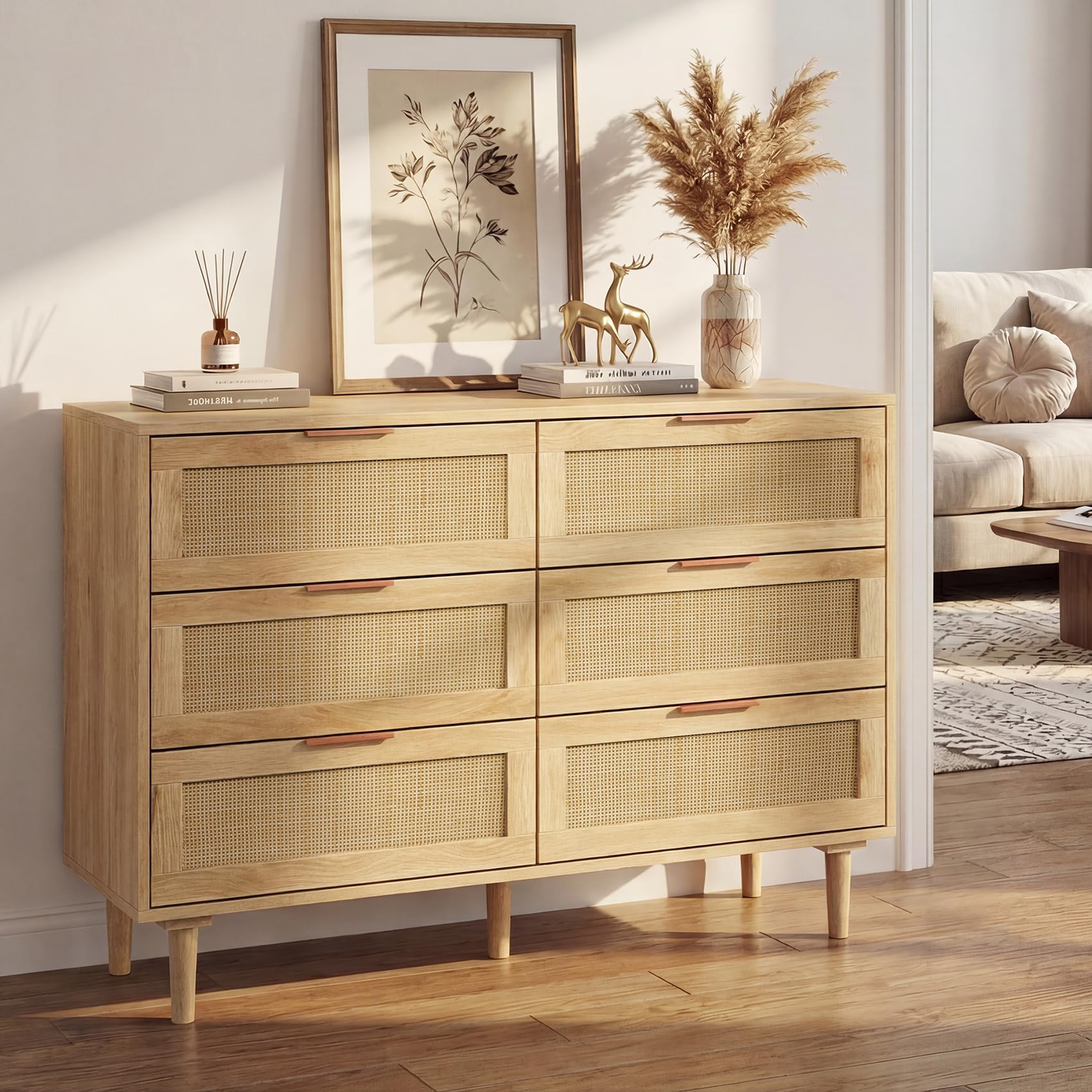 FUQARHY 6 Drawer Dresser Rattan Dresser Modern Chest with Drawers,Wood Storage Closet Dressers Chest of Drawers for Bedroom,Living Room,Hallway (Natural)