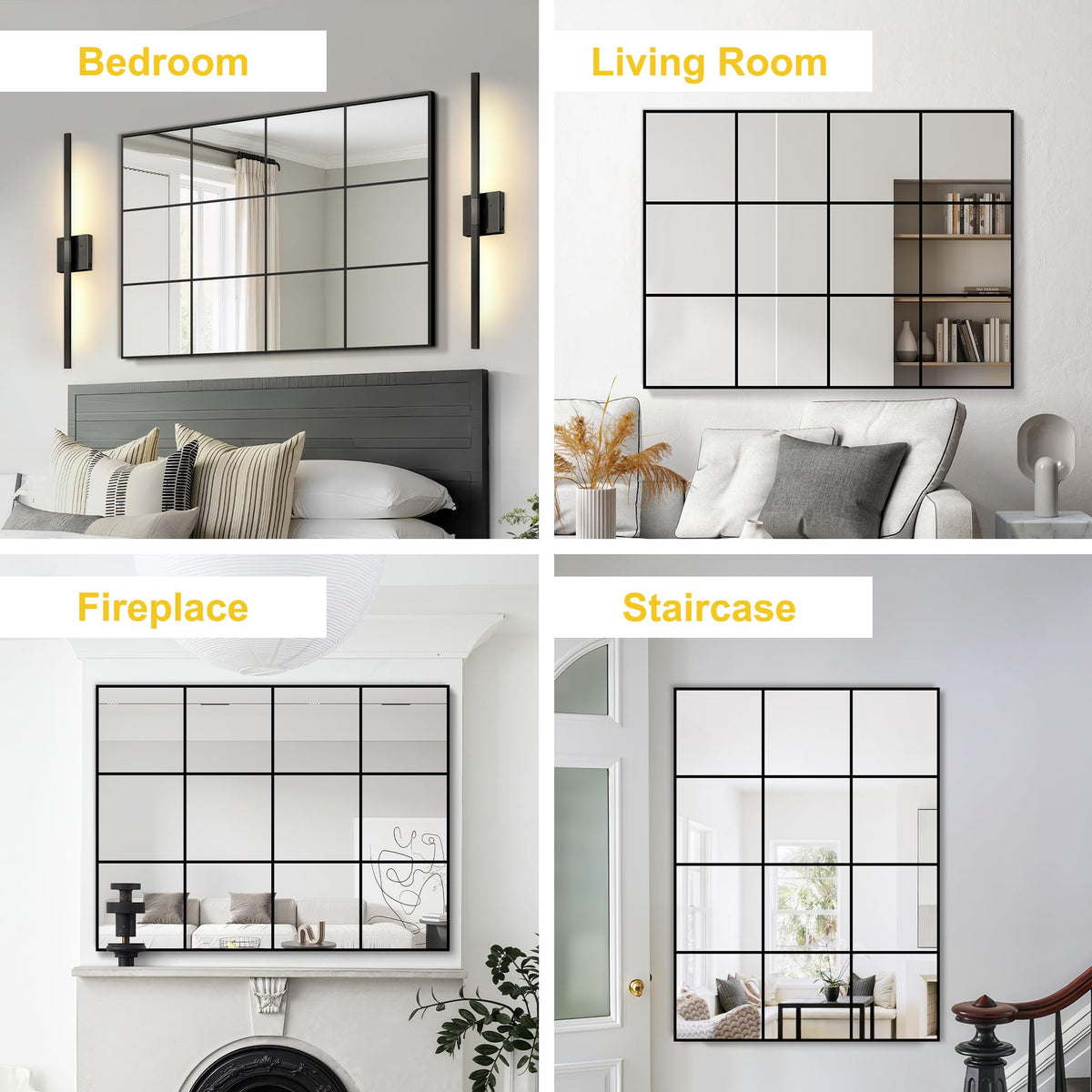 LAWADA Window Pane Wall Mirror with Metal Frame 40"x30" Black