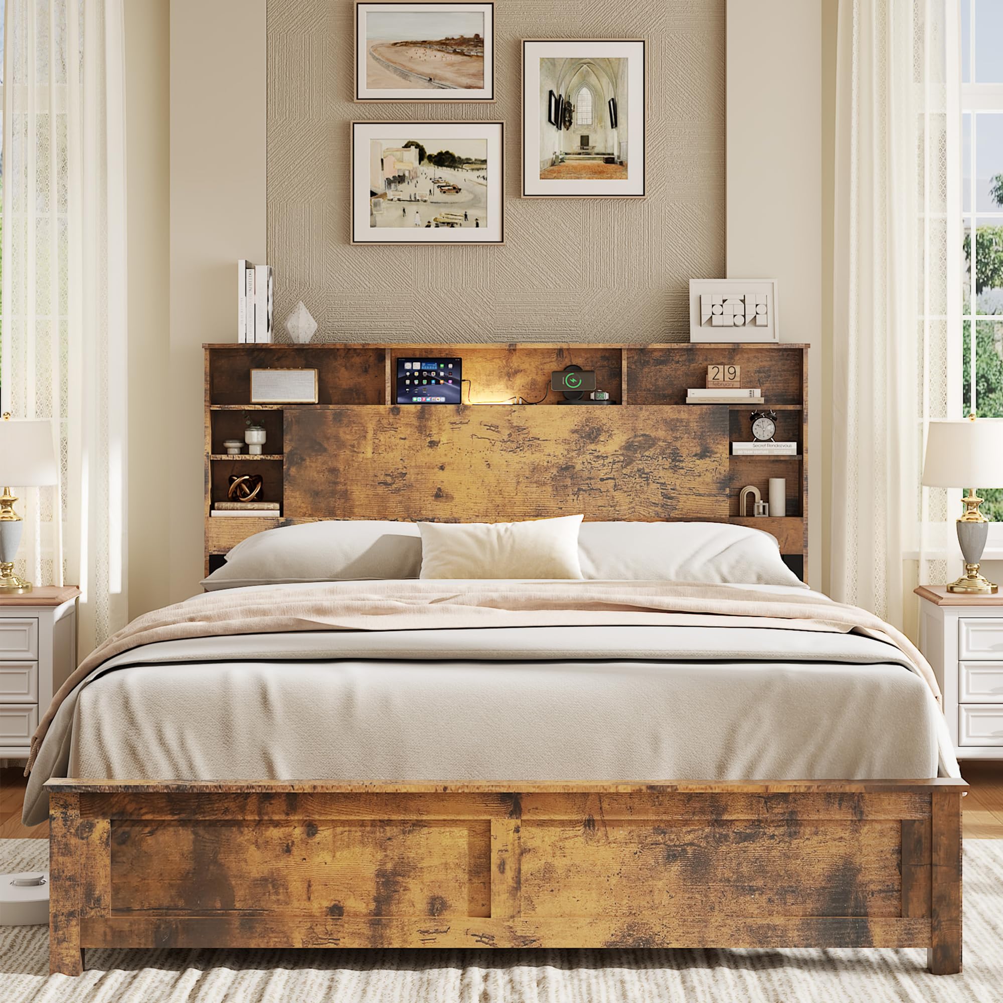 MLJWI Wood Queen Size Bed Frame with Storage Headboard, Farmhouse Platform Bed Frame with Charging Station & LED Lights, Noise Free, No Box Spring Needed (Dark Brown, Queen)