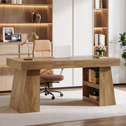 Tribesigns 55-Inch Executive Desk with Drawer, Large Office Computer Desk with Double Pedestal and Storage Shelves, Farmhouse Wooden Writing Table Workstation Business Furniture for Home Office, Brown