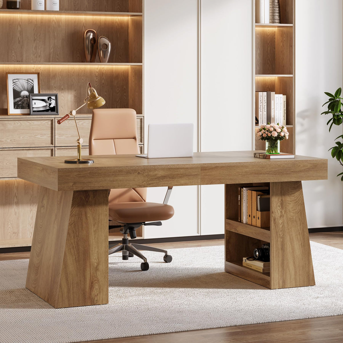 Tribesigns 55-Inch Executive Desk with Drawer, Large Office Computer Desk with Double Pedestal and Storage Shelves, Farmhouse Wooden Writing Table Workstation Business Furniture for Home Office, Brown