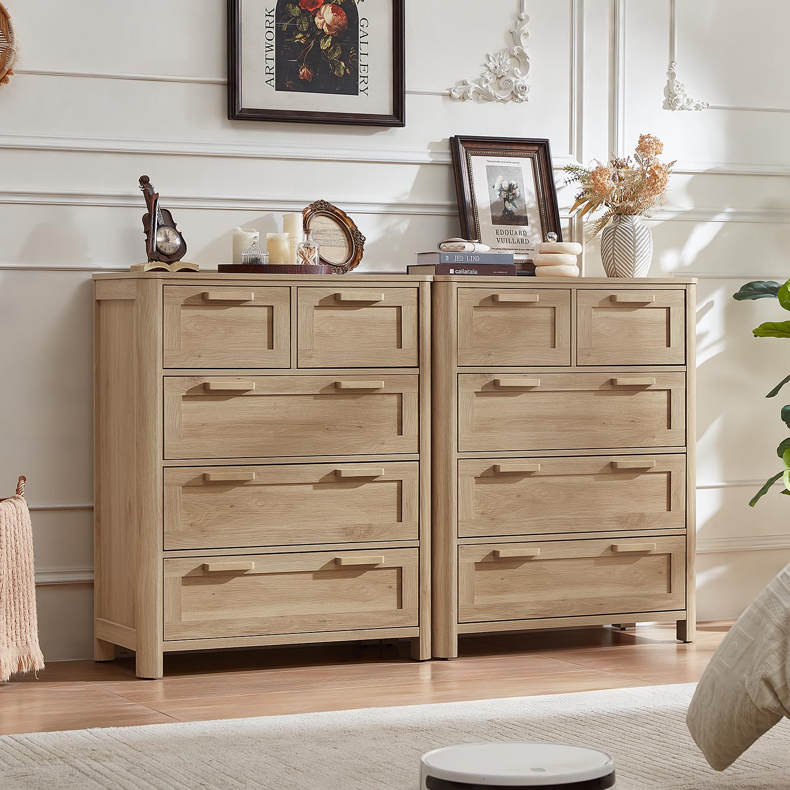 Joaxswe Farmhouse 5 Drawer Dresser for Bedroom, Chest of Drawers with 5 Deep Drawer & 4 Thickened Table Legs, Natural Wood