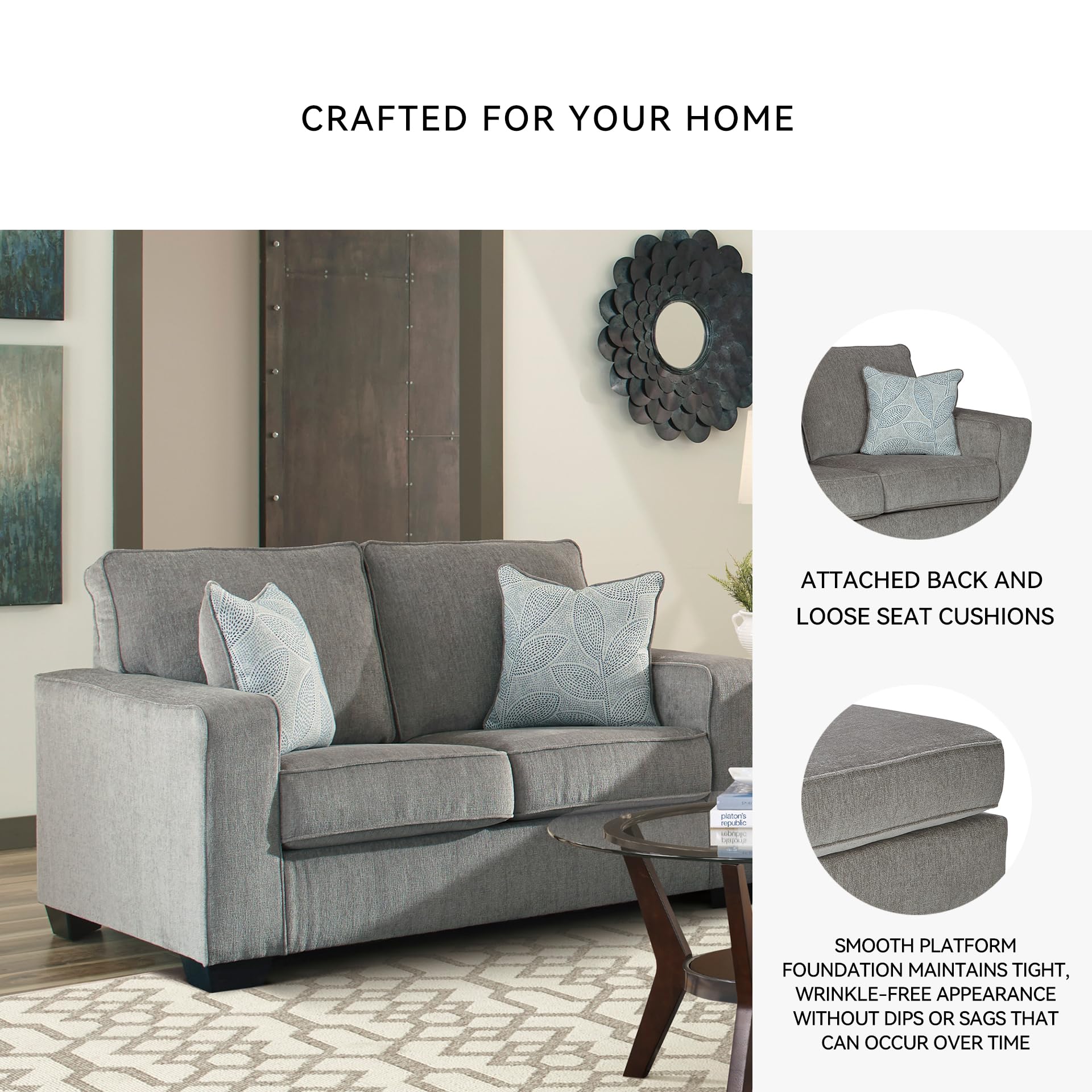 Signature Design by Ashley Altari Modern Loveseat with 2 Accent Pillows, Light Gray