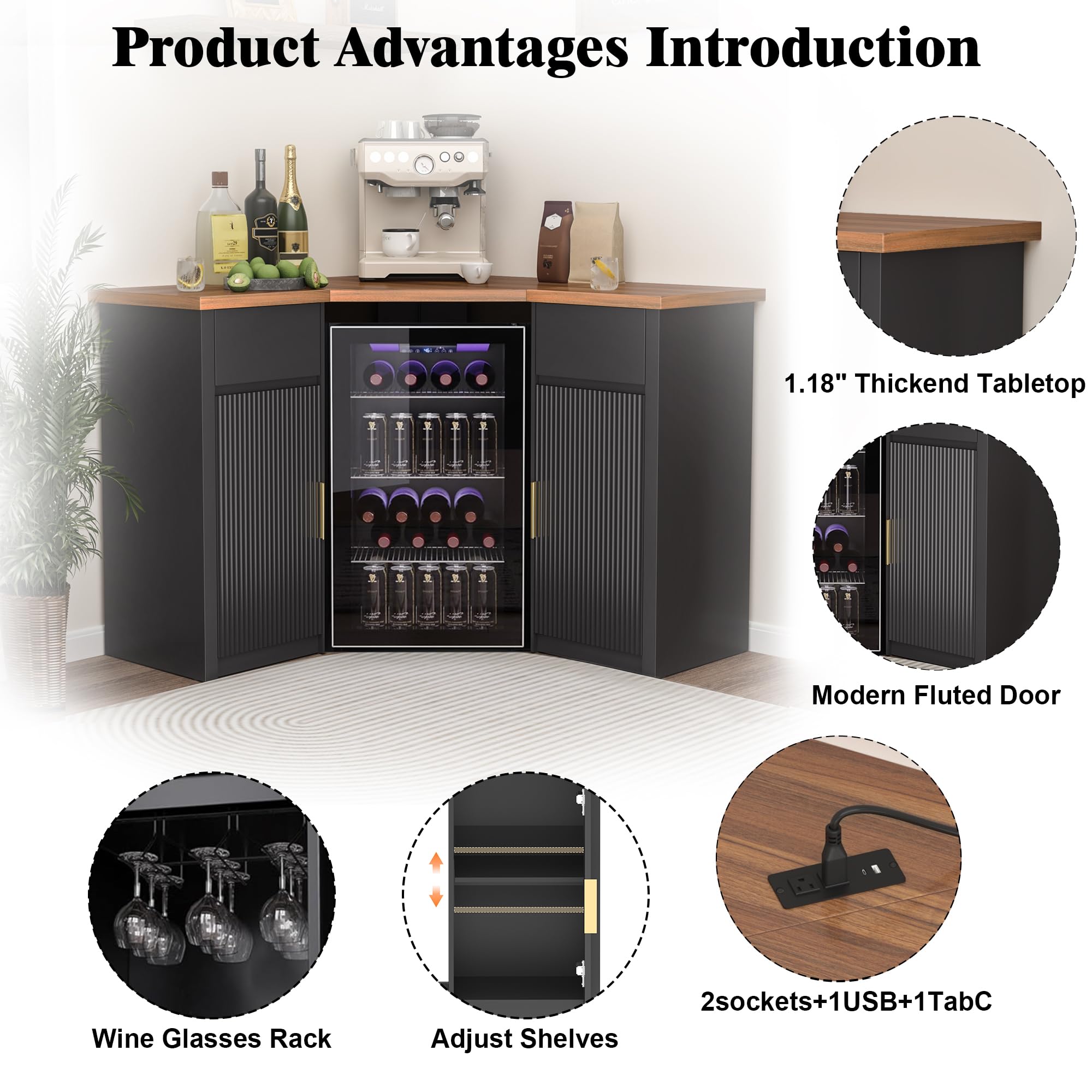 Corner Bar Cabinet with Fridge Space & Storage