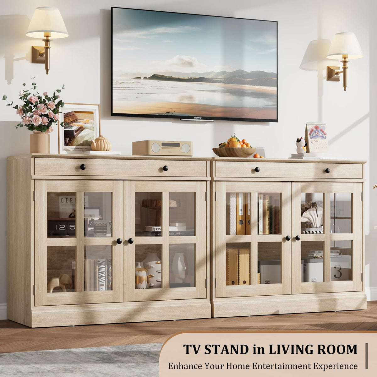 GarveeHome Modern 35.4" Sideboard Buffet Cabinet with Glass Door, Oak