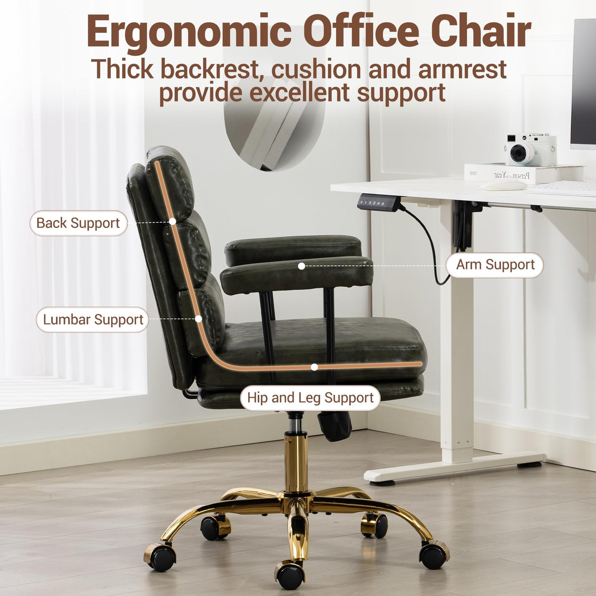 WiNVO Faux Leather Home Office Desk Chair, Ergonomic Executive Computer Chair with Gold Base, Padded Seat and Armrests, Adjustable Height Swivel Vanity Chair with Wheels, Green
