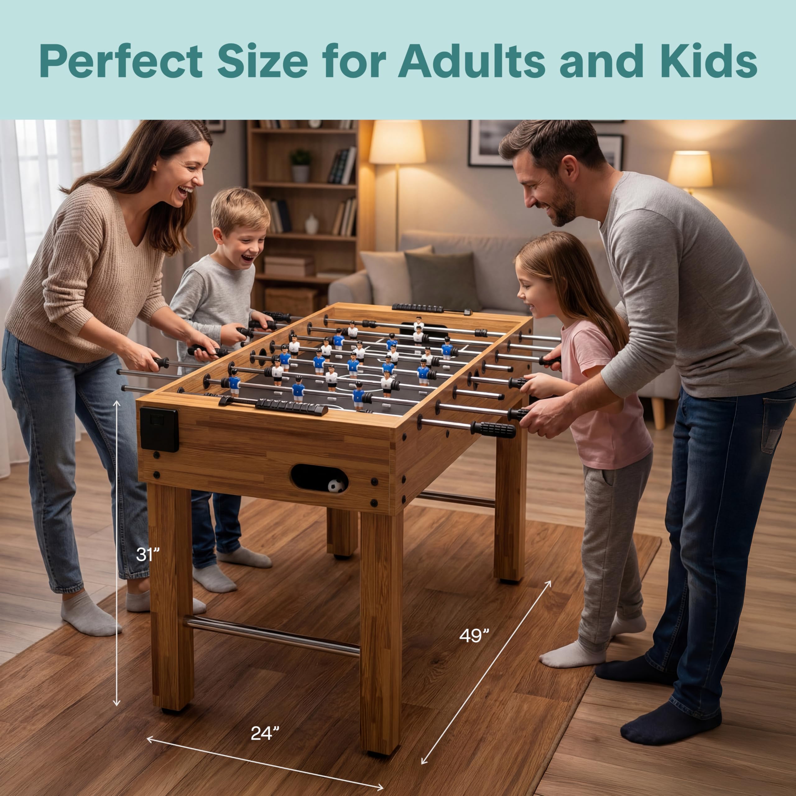 SereneLife 48in Foosball Table, Competition Size Soccer Game Table for Kids and Adults, Home Game Room Arcade Set, Leveling Legs, Engineered Wood, Chrome Steel Rods, 2 Balls, 2 Cup Holders, Natural