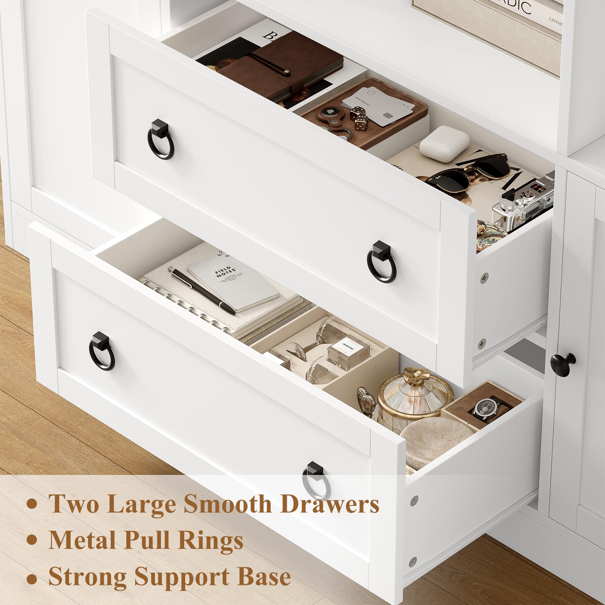 FINETONES 71" H White Bookshelf with Doors, 6 Tier Tall Bookcase with Drawers, Triple Wide Large Bookshelves and Bookcases, Wood Book Shelf Storage Cabinet for Home Office, White