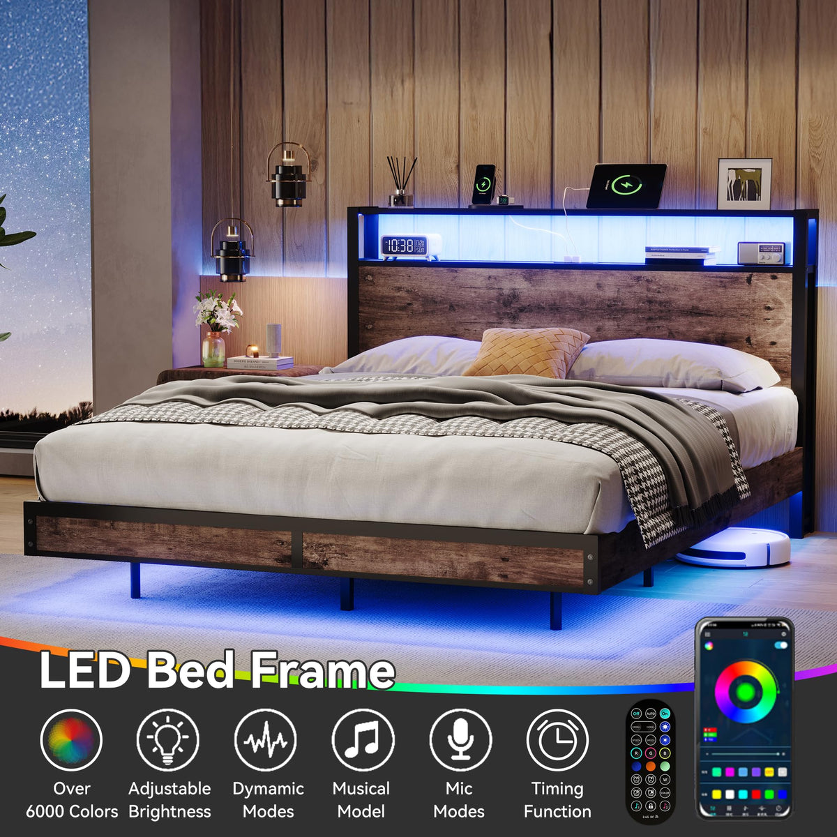 Susalt Full Size Bed Frame with Storage Headboard, Sturdy Metal Platform Bed Frame with LED Lights and Charging Station, Easy Assembly, No Box Spring Needed, Noise Free, Rustic Brown