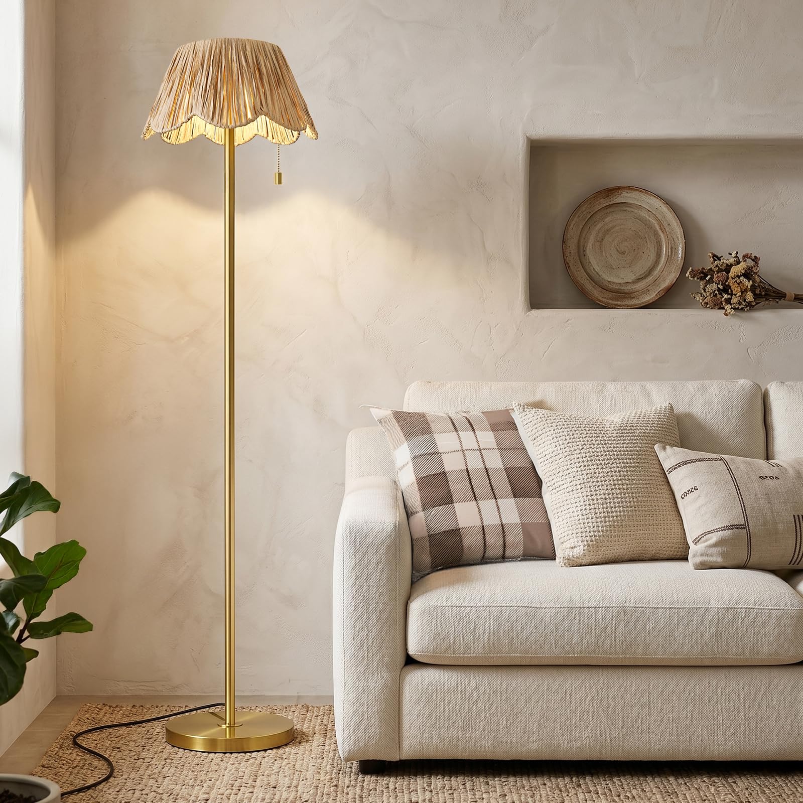 OYEARS 65" Boho Floor Lamps for Living Room, Rattan Floor Lamp, Pull Chain Switch, Gold Standing Lamp with Hand-Woven Shade, Farmhouse Tall Lamps for Nursery, Metal Base&Pole, Bulb not Included, Gold