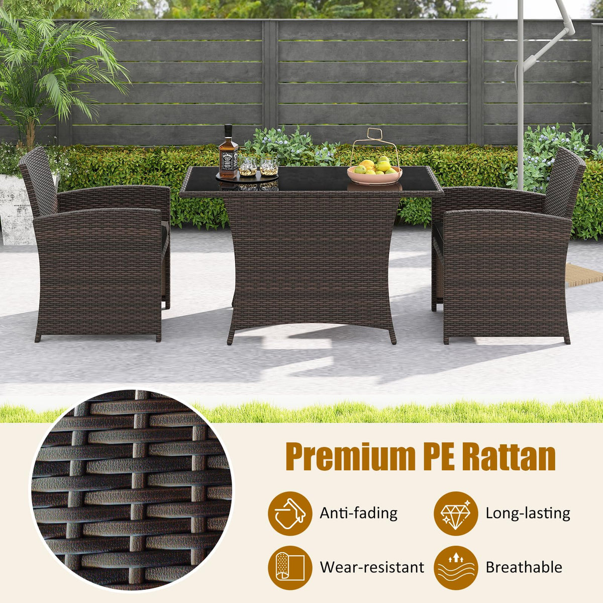 HAPPYGRILL 3 Pieces Patio Wicker Dining Set, Balcony Furniture Set w/Tempered Glass Dining Table, 2 Chairs, Comfy Cushions, Space-Saving Dining Set for Small Spaces, Perfect for Garden, Backyard
