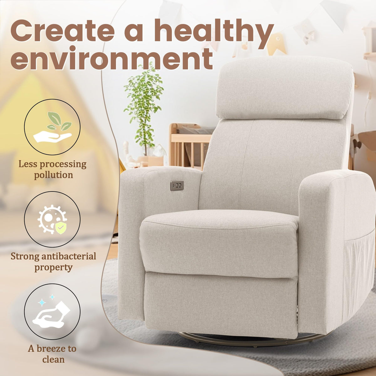 Beige Linen Power Swivel Rocker Recliner