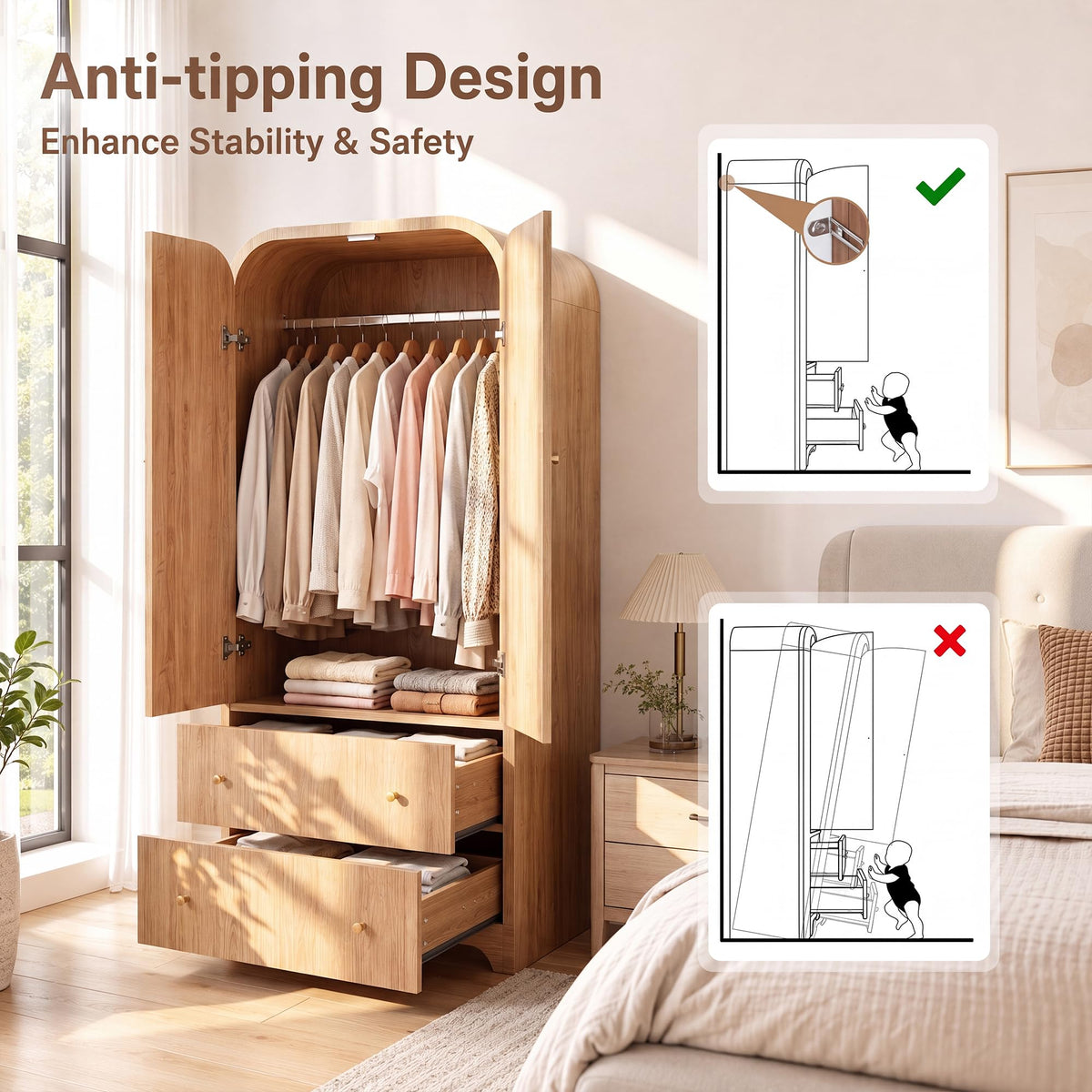 Seang Arched Armoire Wardrobe Closet,70" Wooden Wardrobe Cabinet with 2 Drawers,Hanging Rod,2 Doors Clothing Storage Cabinet for Bedroom,Gym,Cloak Room,Natural