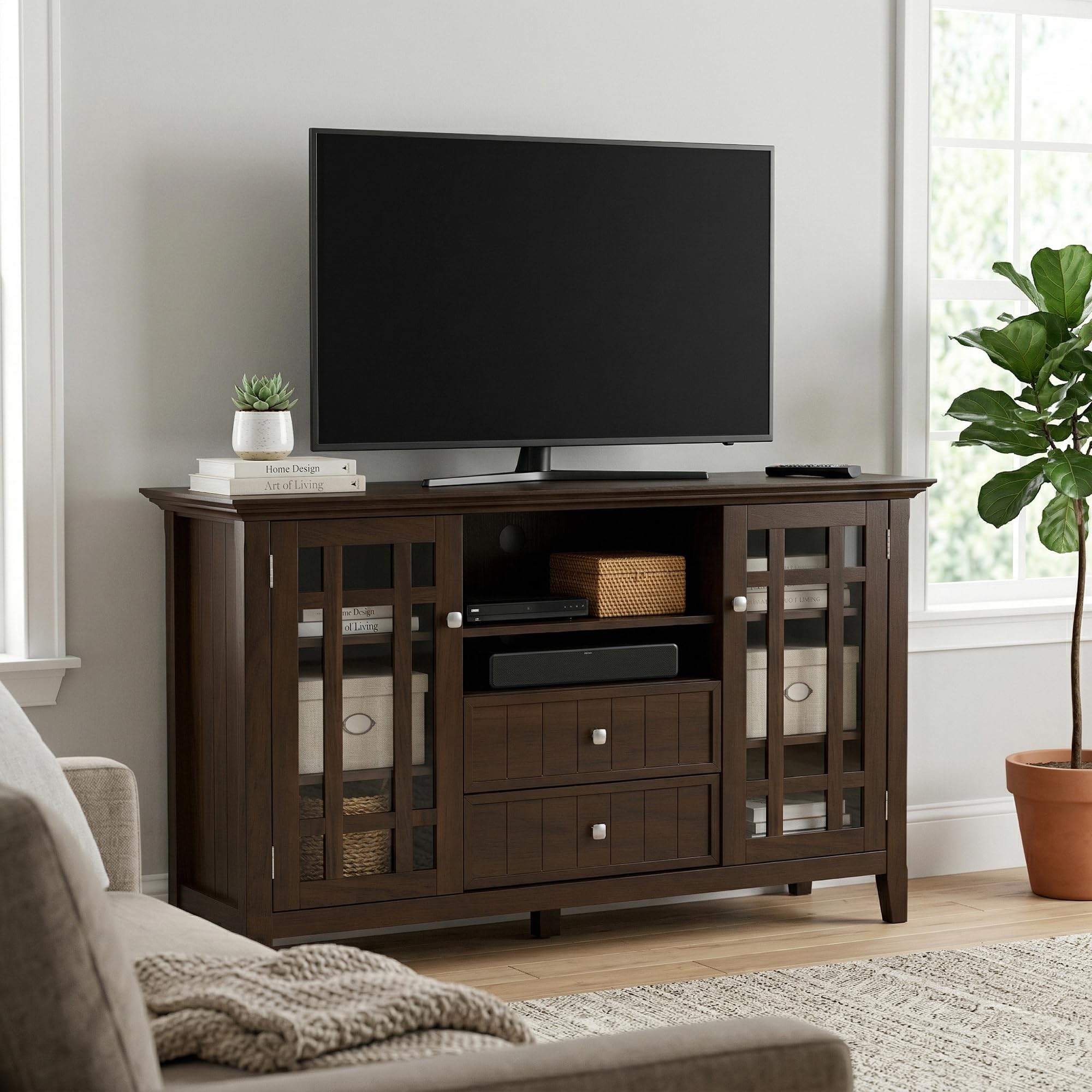 SIMPLIHOME Bedford TV Stand - 53 inch Wide Solid Wood Tall Media Console in Dark Tobacco Brown, Transitional Entertainment Center for Living Room for TVs up to 60 Inches with Cable Management
