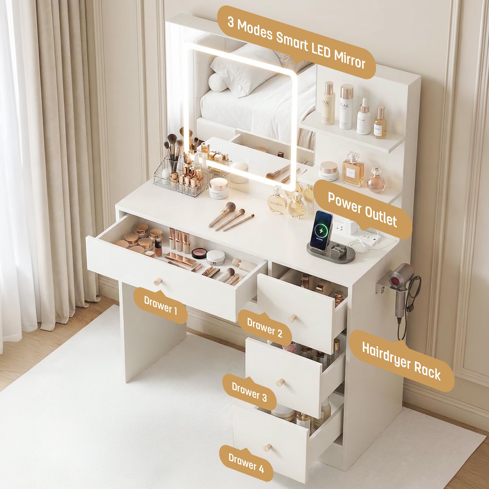 spanspace Makeup Vanity Desk with Mirror and Lights, 37" White Vanity Desk with Power Outlet & USB, 3 Modes Dimmable LED Mirror with 4 Drawers, Modern Vanity Table for Bedroom