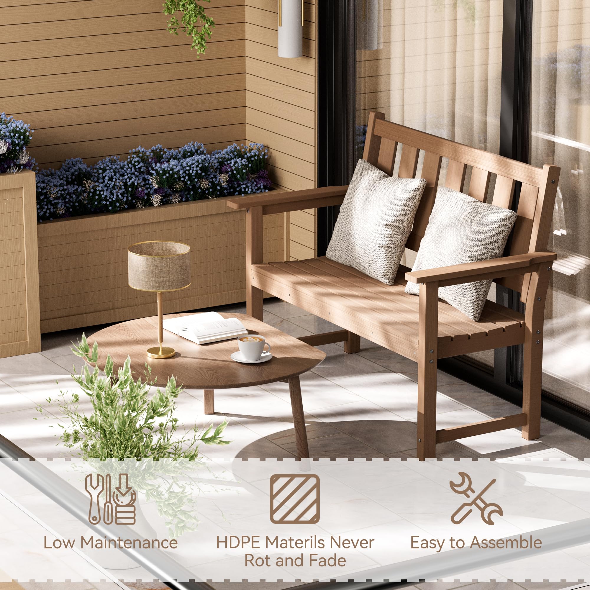 ACUEL 50" HDPE Outdoor Bench, 2-Person Poly Lumber Weatherproof Patio Garden Bench Seating with 800 lbs Weight Capacit, Bench for Porch, Backyard, Lawn, Park, Balcony and Church Furniture (Brown)