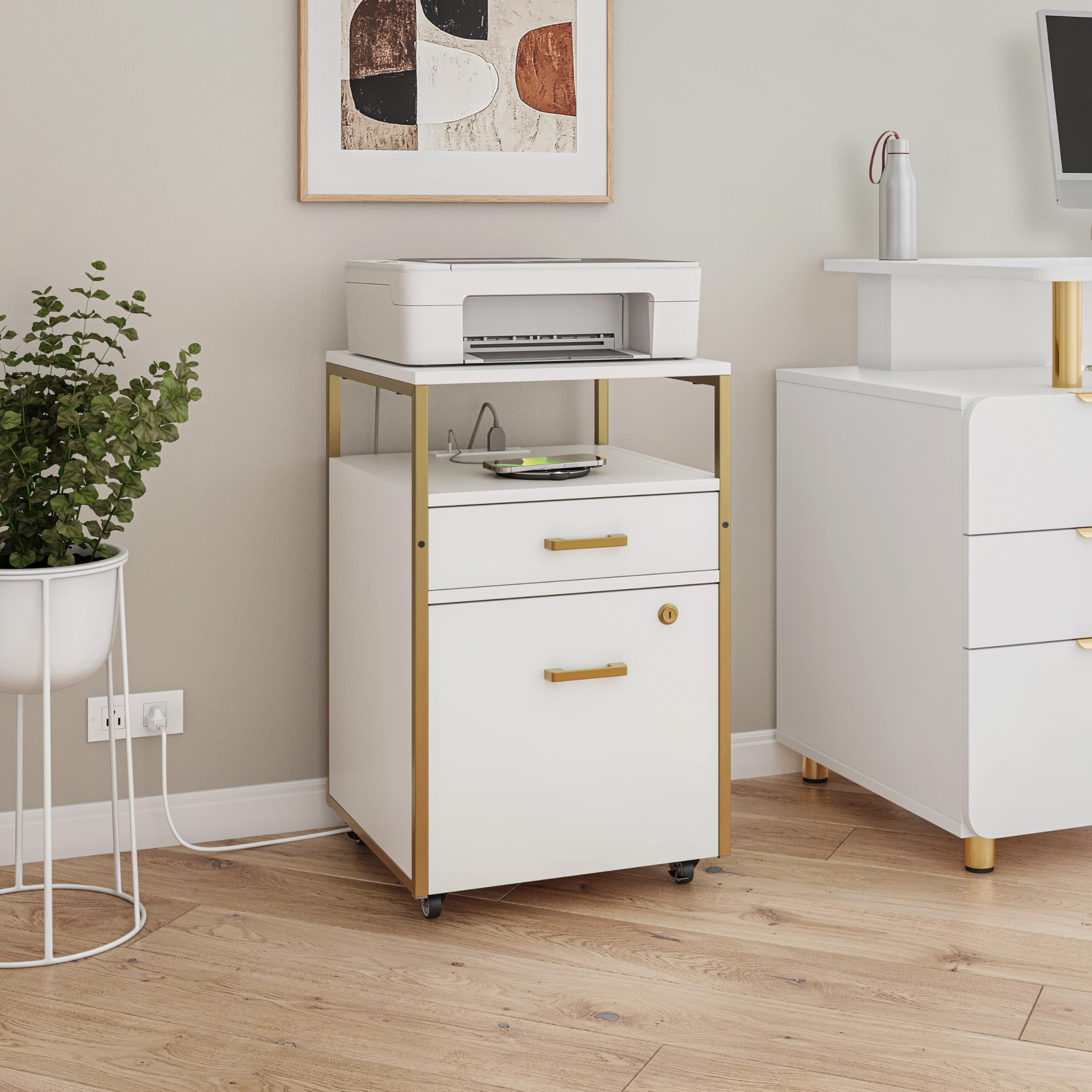 2-Drawer Rolling File Cabinet with Lock, USB Ports & Power Outlet