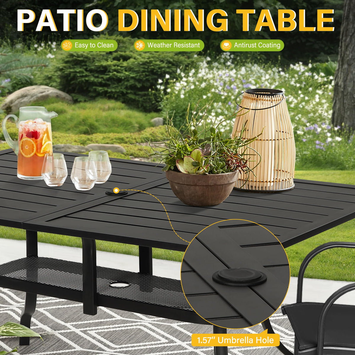 Patiomore Patio Dining Table, 60" x 37"Outdoor Rectangular Metal Table,1.57" Umbrella Hole, for Backyards, Porches, Gardens or Poolside, Black