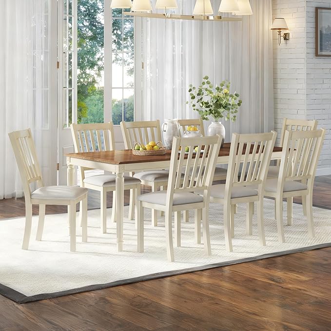 Farmhouse Solid Wood Dining Table Set with 6 Upholstered Chairs