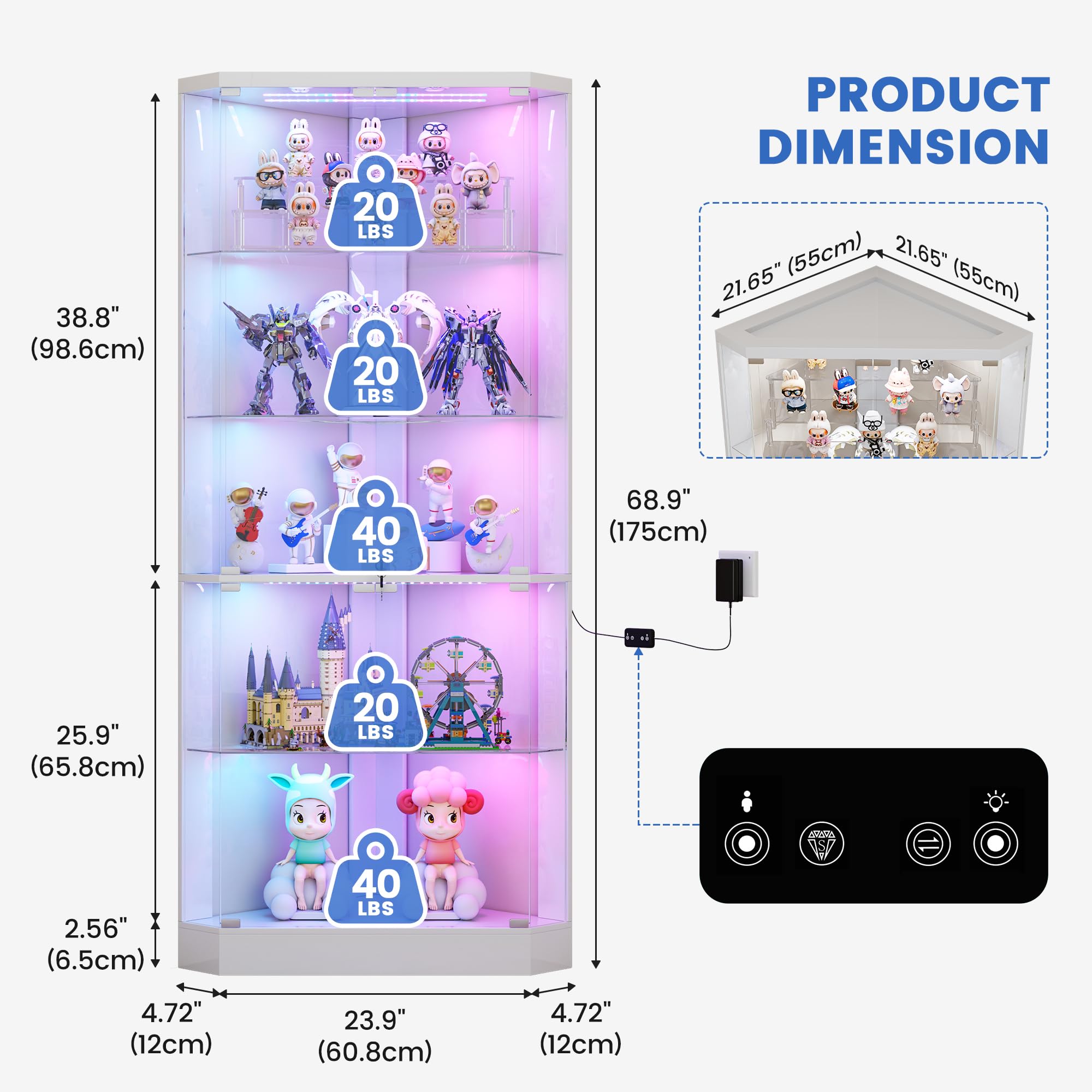 5-Tier Corner Glass Display Cabinet with RGB Lights