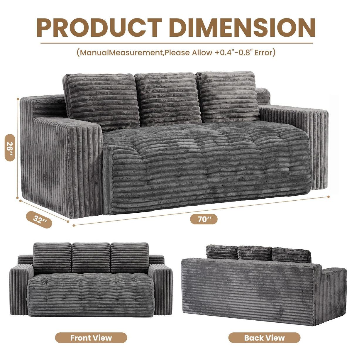 Tykacna 70” Boneless Couch, 3 Seater Sofa Couch with Extra Deep Seats 3 Pillows,Corduroy Modern Small Couch for Living Room, Office, Bedroom, Apartment,Grey