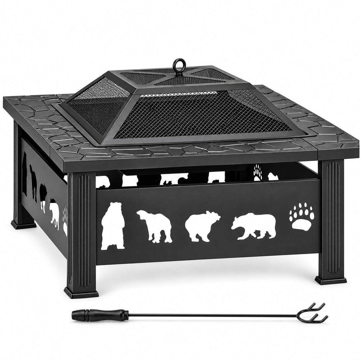 Trygoal 32″ Decorative Bear Cutout Square Metal Patio Fire Pit Table,Black
