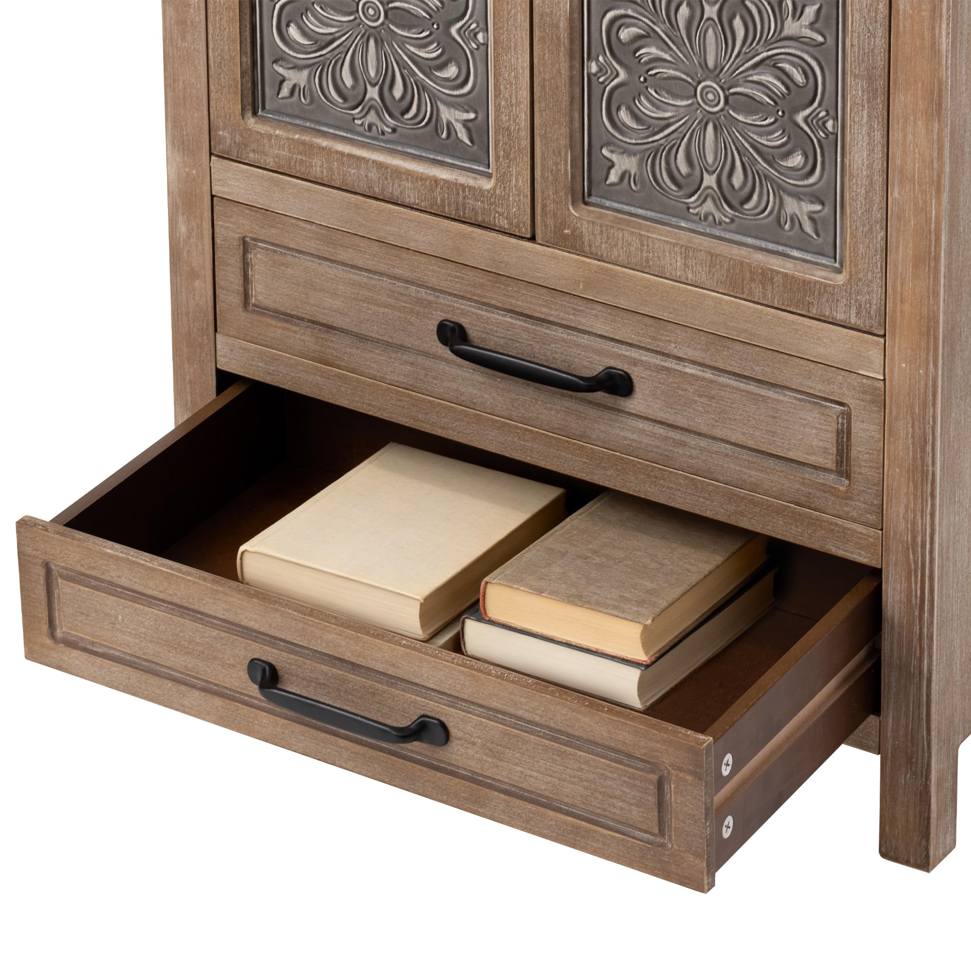 COSIEST 48" Tall Farmhouse Accent Cabinet with Doors and 2 Drawers, Rustic Wood Storage Buffet, Embossed Metal Floral Carving Chest with Adjustable Shelves for Living Room, Entryway, Dining Room