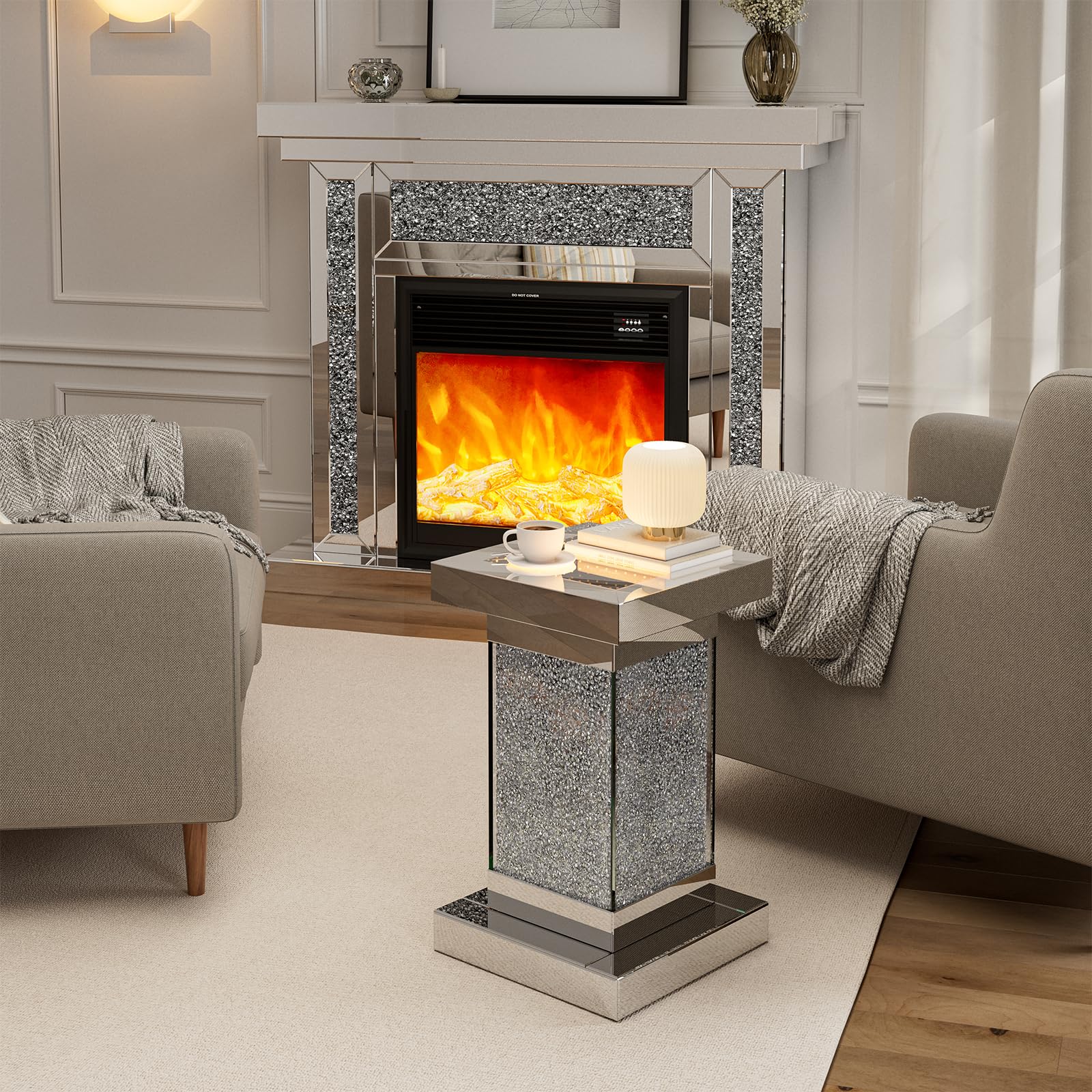 KZNGK Mirrored End Table Nightstand with LED Light, Modern LED Side Table with Crystal Diamond Inlay, Remote Control, 8 Colors Changing Light