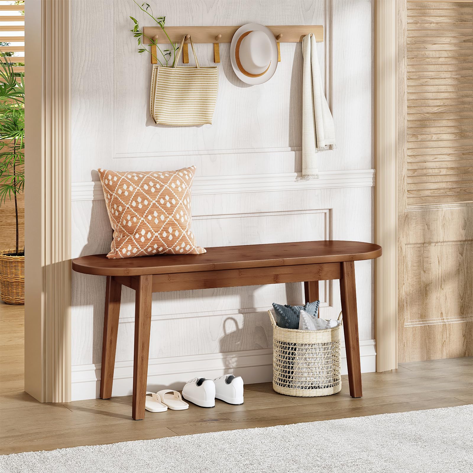 HOOBRO 39.4'' Dining Bench, Bamboo Entryway Bench, Farmhouse Kitchen Table Bench, Sturdy Dining Room Bench, Easy to Assemble, Wooden Bench for Living Room, Hallway, Bedroom, Bathroom, Mocha MA19CD01