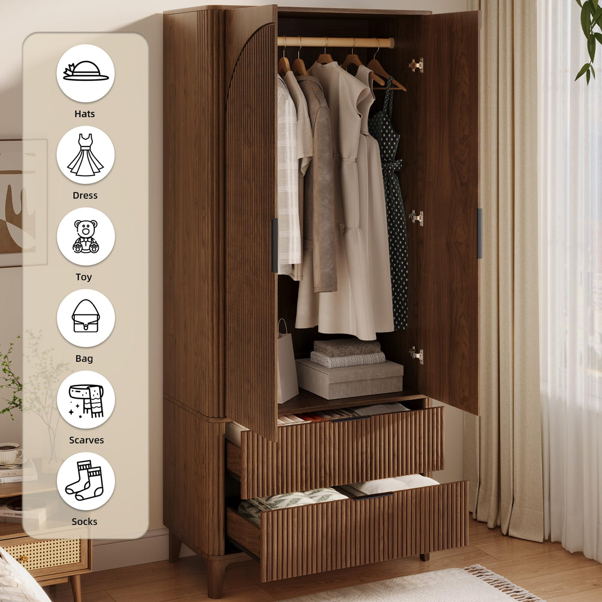 Oxirth 70.1" Arched Wooden Armoire Wardrobe Closet with 2 Doors and 2 Drawers, Fluted Bedroom Armoire with Hanging Rod Shelf, Clothing Storage Cabinet, Wardrobe Armoire Closet Cabinet (Walnut, 31.4")