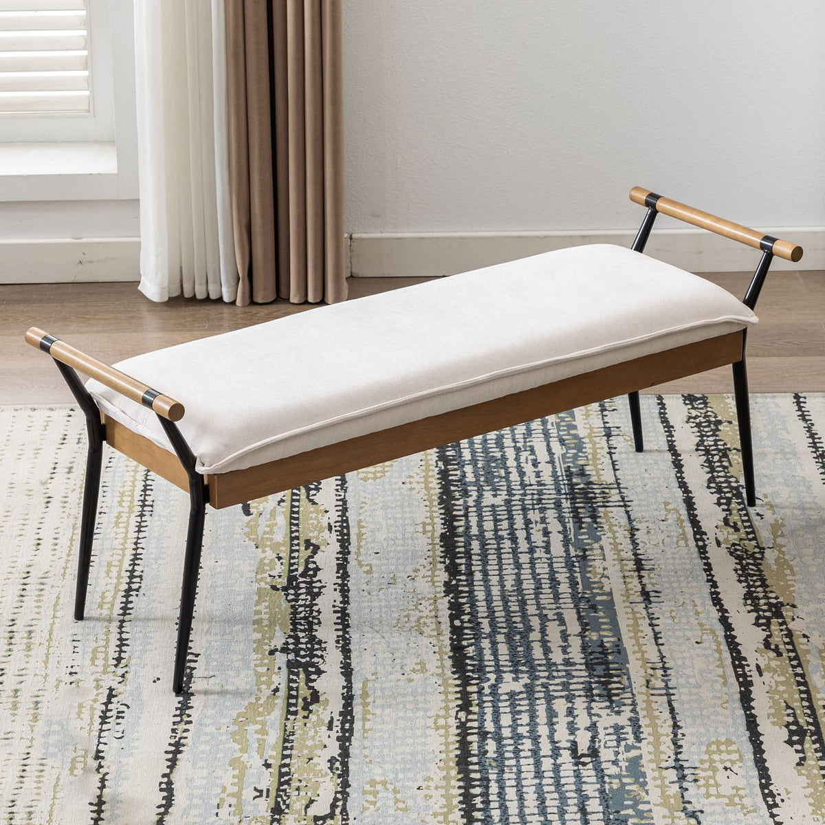 White Chenille Bench with Arms