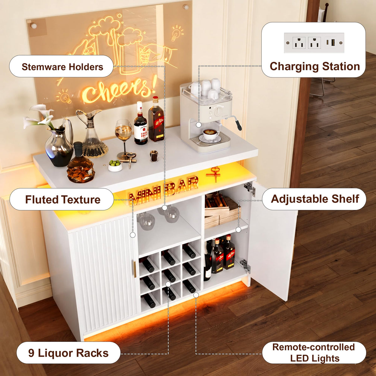 Fluted Wine Cabinet with LED Lights