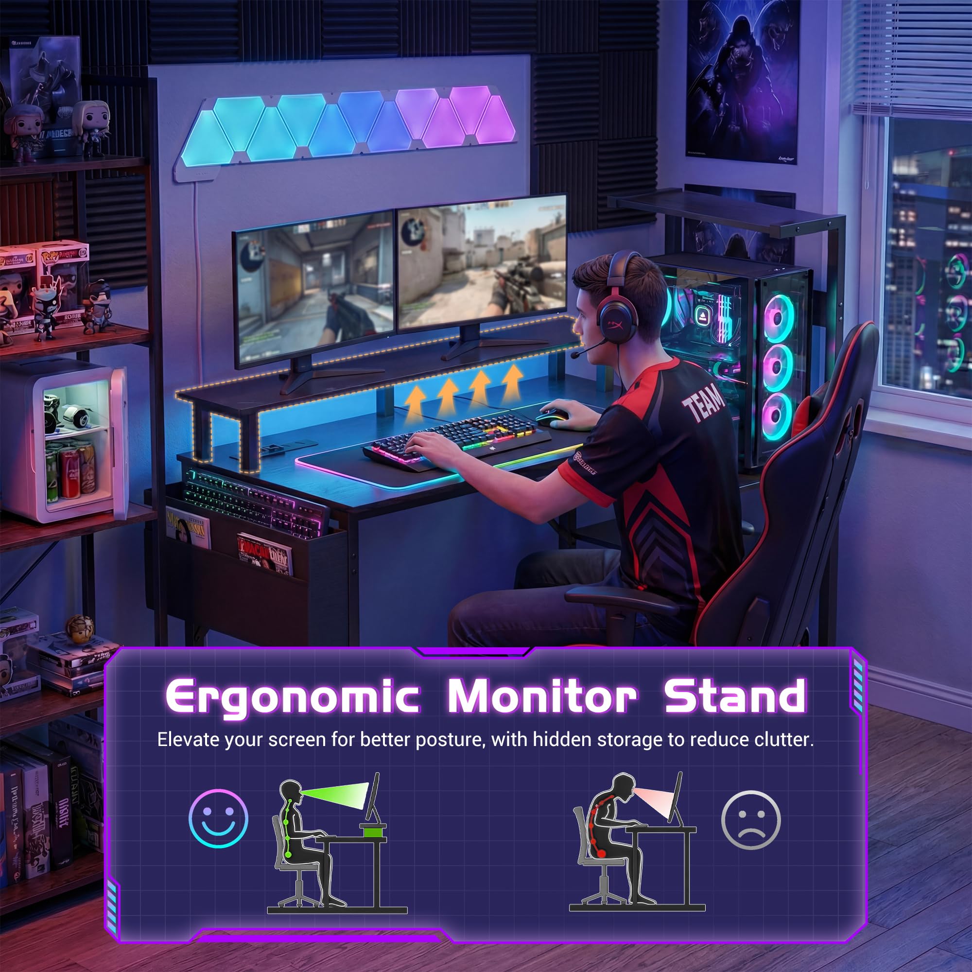 Gaming Desk with Monitor Stand & Storage Shelves