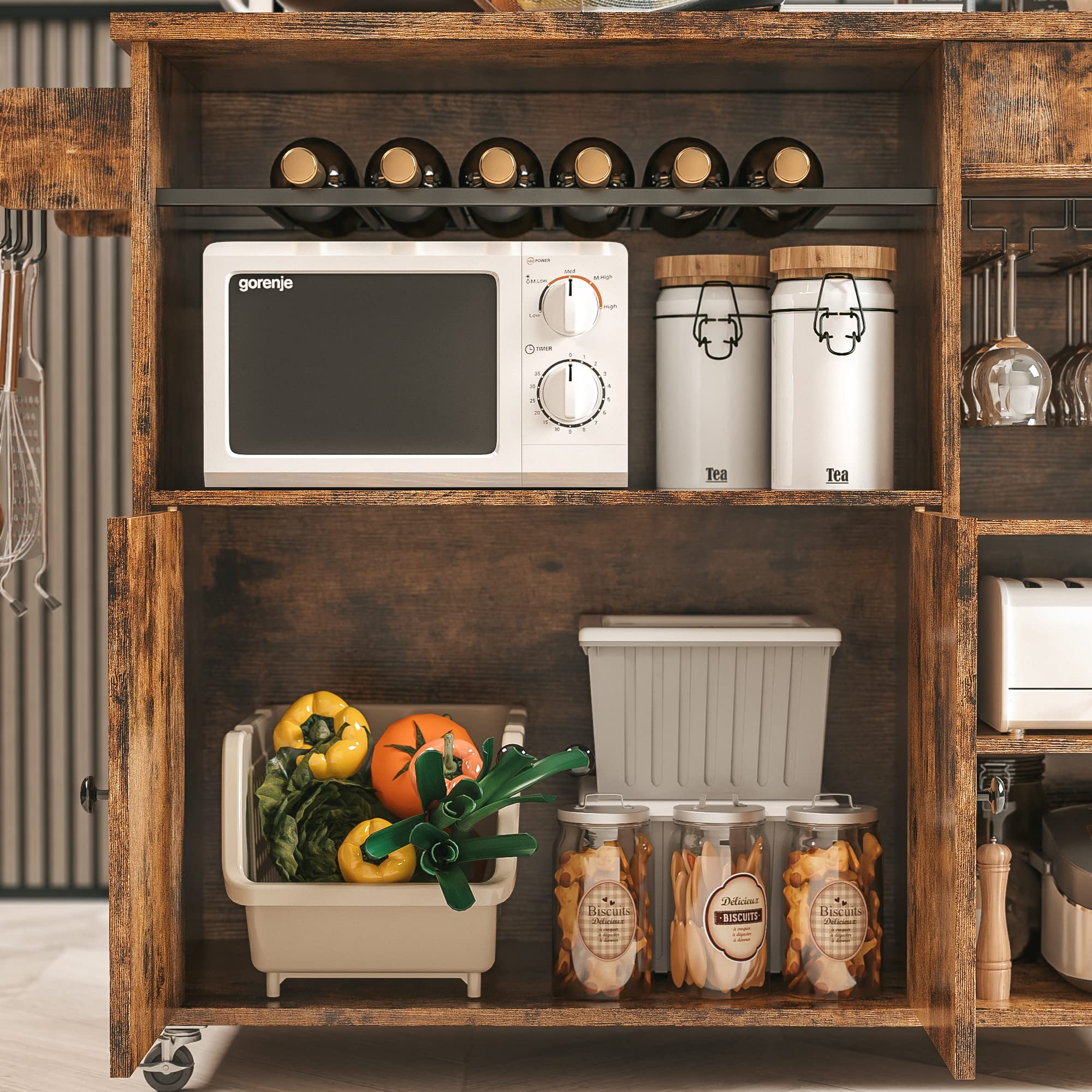 IRONCK Rolling Kitchen Island Cart with Drop-Leaf and Wine Rack, Microwave Rack Serving Cart on Wheels with Drawer & Shelves & Spice Rack & Cup Hanging, Vintage Brown