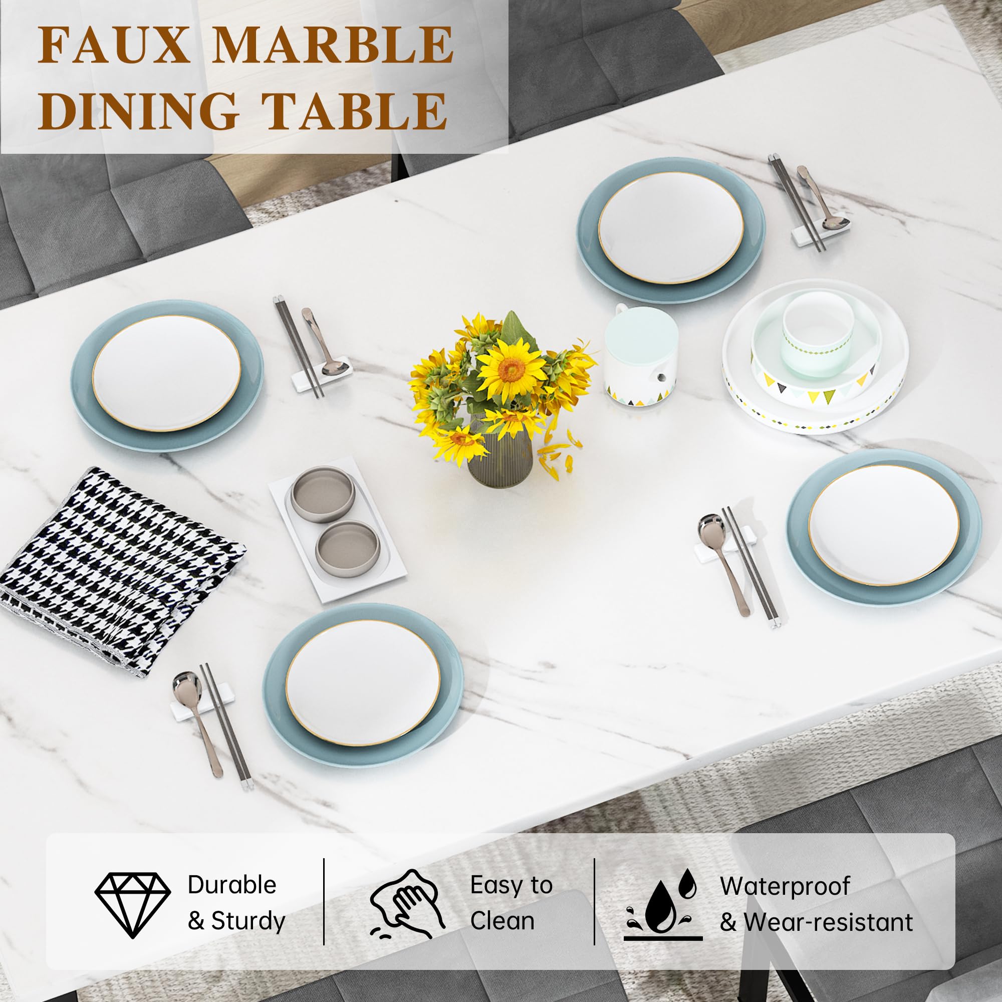 4-Piece Faux Marble Dining Table Set with Velvet Chairs