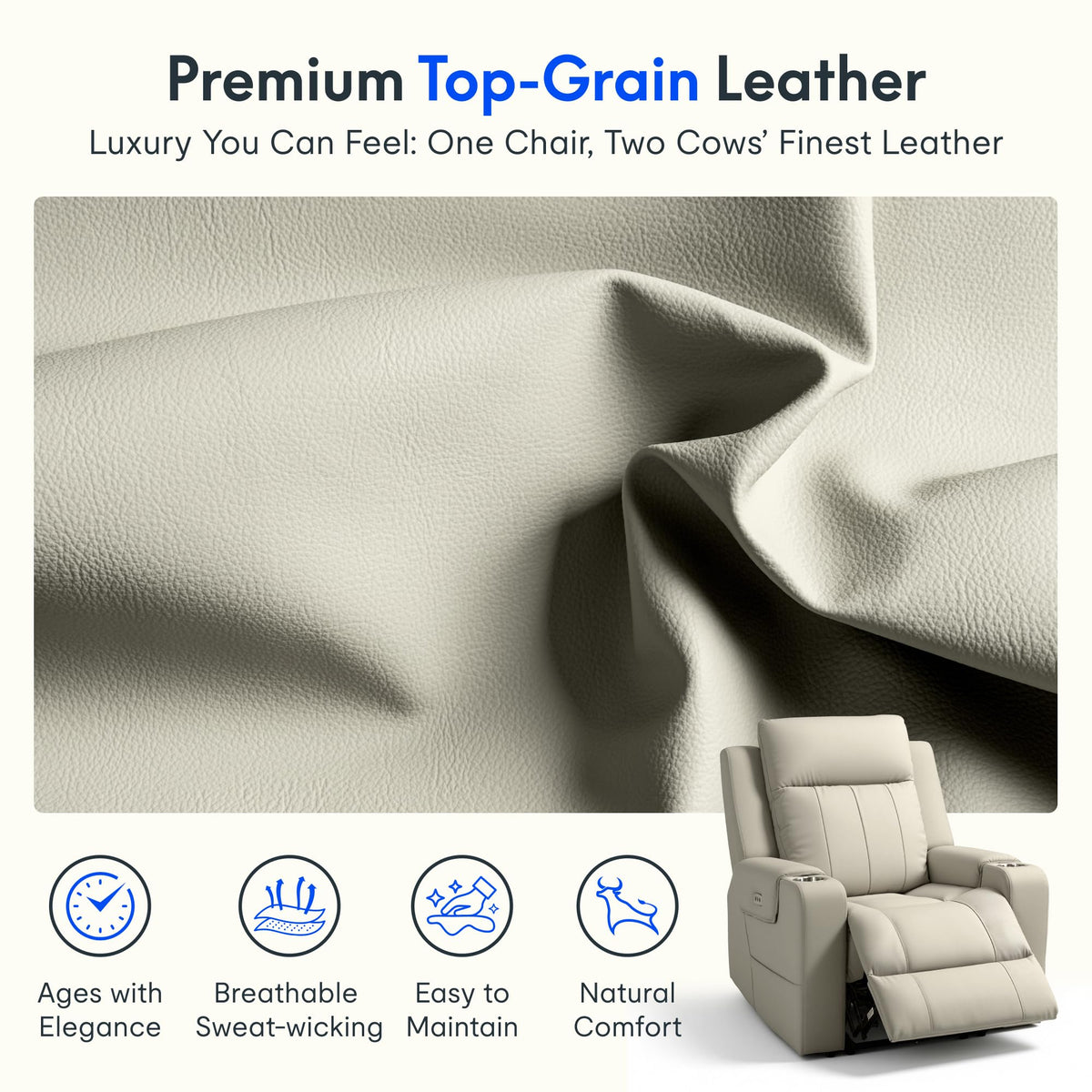 FLEXISPOT Truffle Top Grain Leather Power Wall Hugger Recliner, Beige