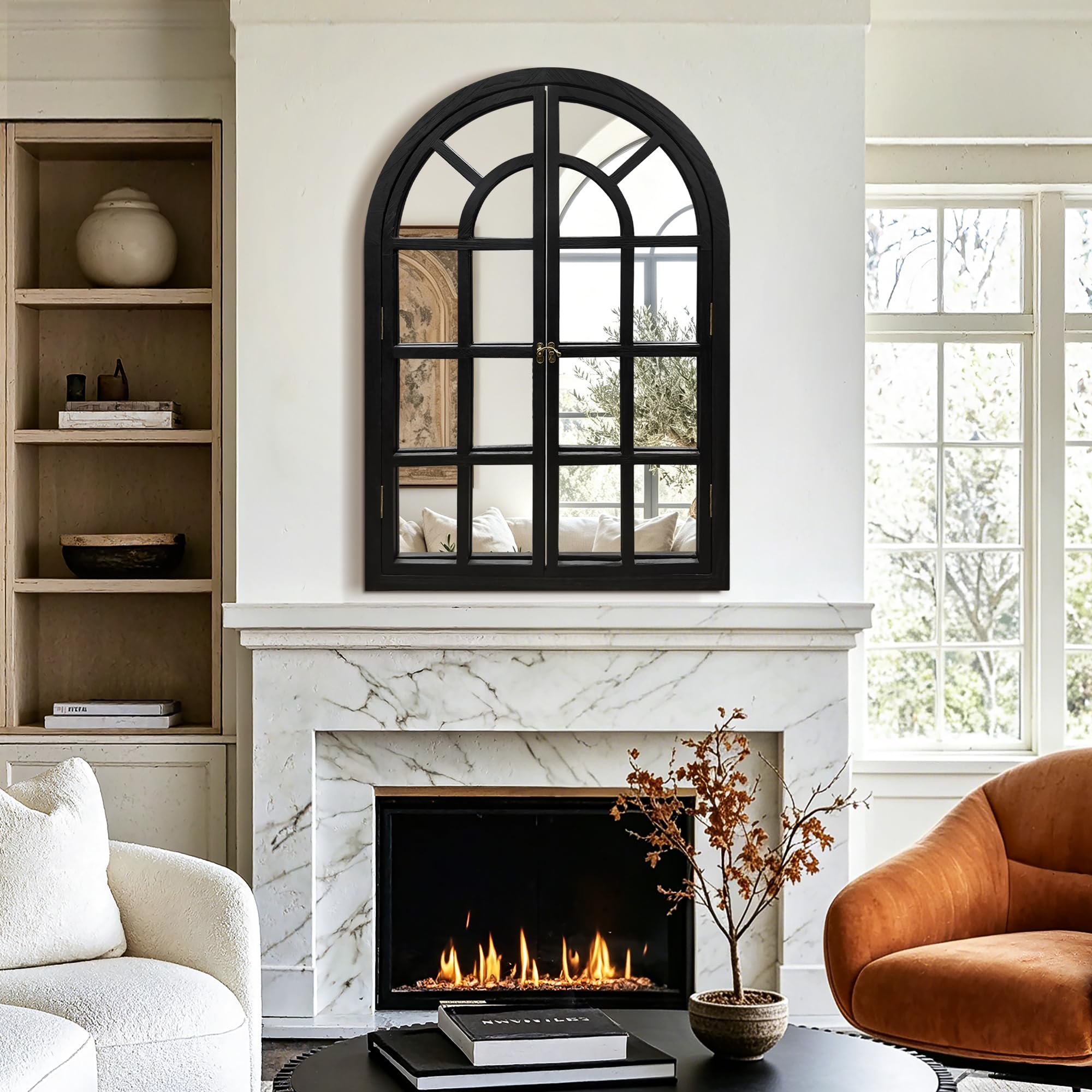 FICTOR Arched Wall Mirror with Openable Window, 28" x 40" Rustic Farmhouse Wood Framed Decorative Accent Mirror for Living Room, Bedroom, Entryway, Hallway, Fireplace, Black