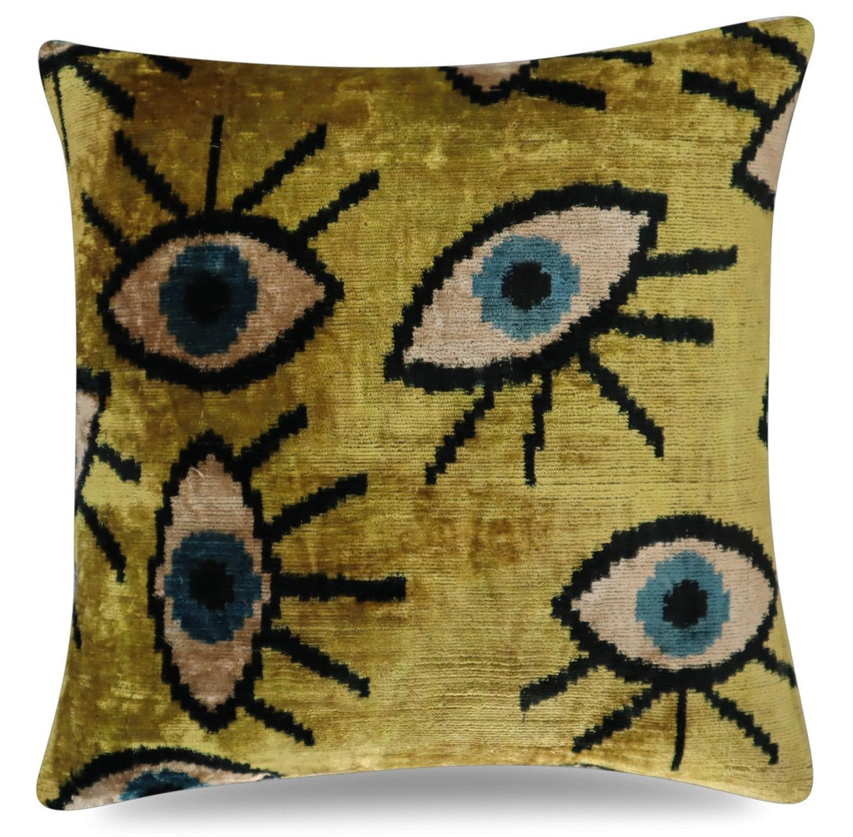 CANVELLO Handmade Velvet Ikat Evil Eye Throw Pillow – 16x16 Inch Luxury Decorative Cushion with Down Insert – Bohemian Home Décor Accent for Sofa & Bed (Gold & Blue)