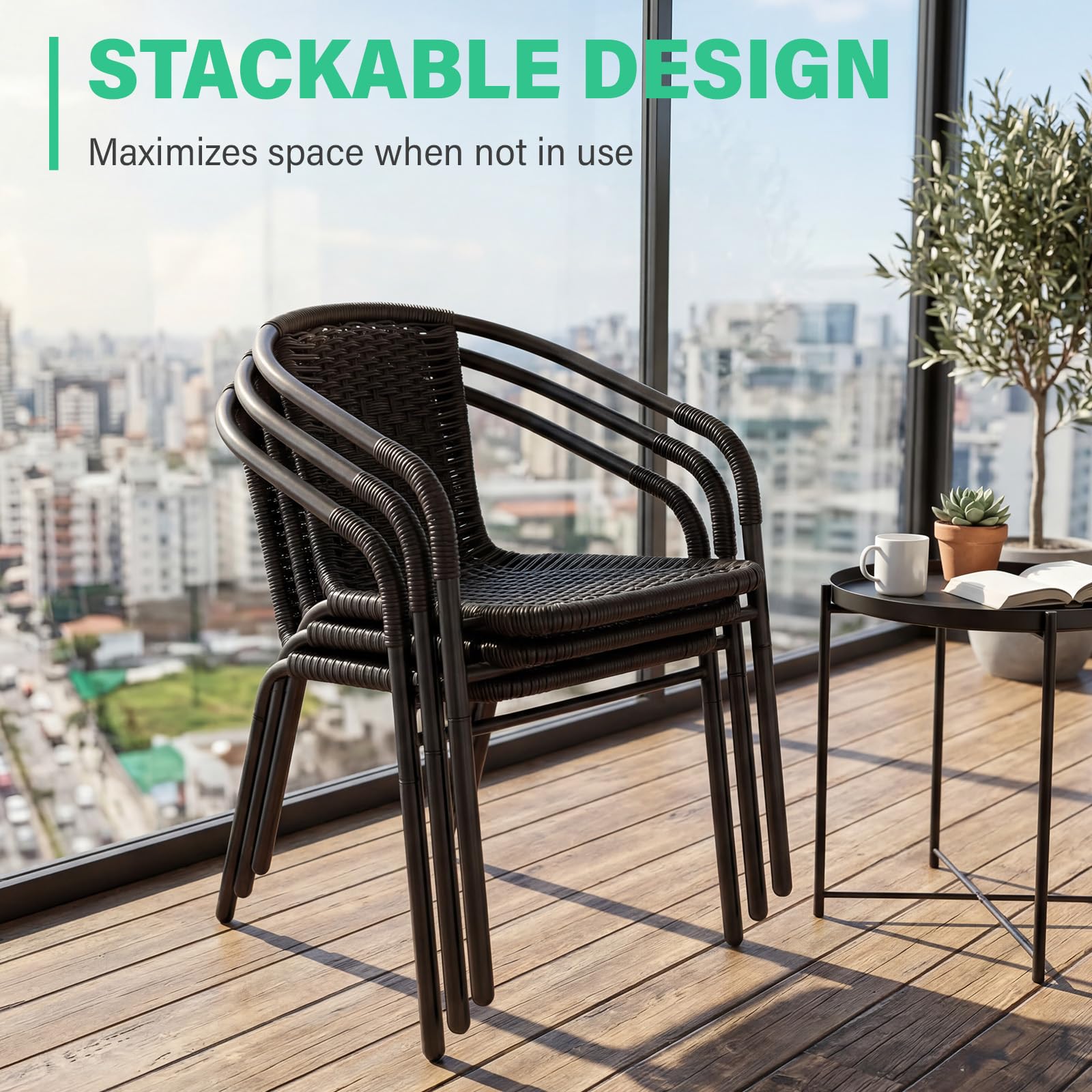 JEAREY Outdoor Patio Rattan Dining Chairs Set of 4, All Weather Stackable Dining Chairs for Garden, Lawn, Restaurant, Black