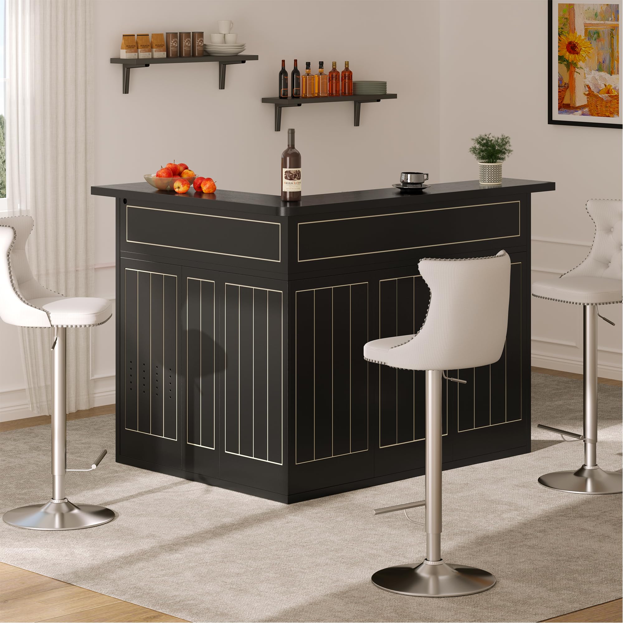 VAXZOFI L-Shape Home Bar Unit with Fridge Space & LED, Modern Liquor Wine Cabinet with Power Outlet, Wine Glass Holder, Mini Bar Table with Storage for Living Room, Basement, Home Pub, Black